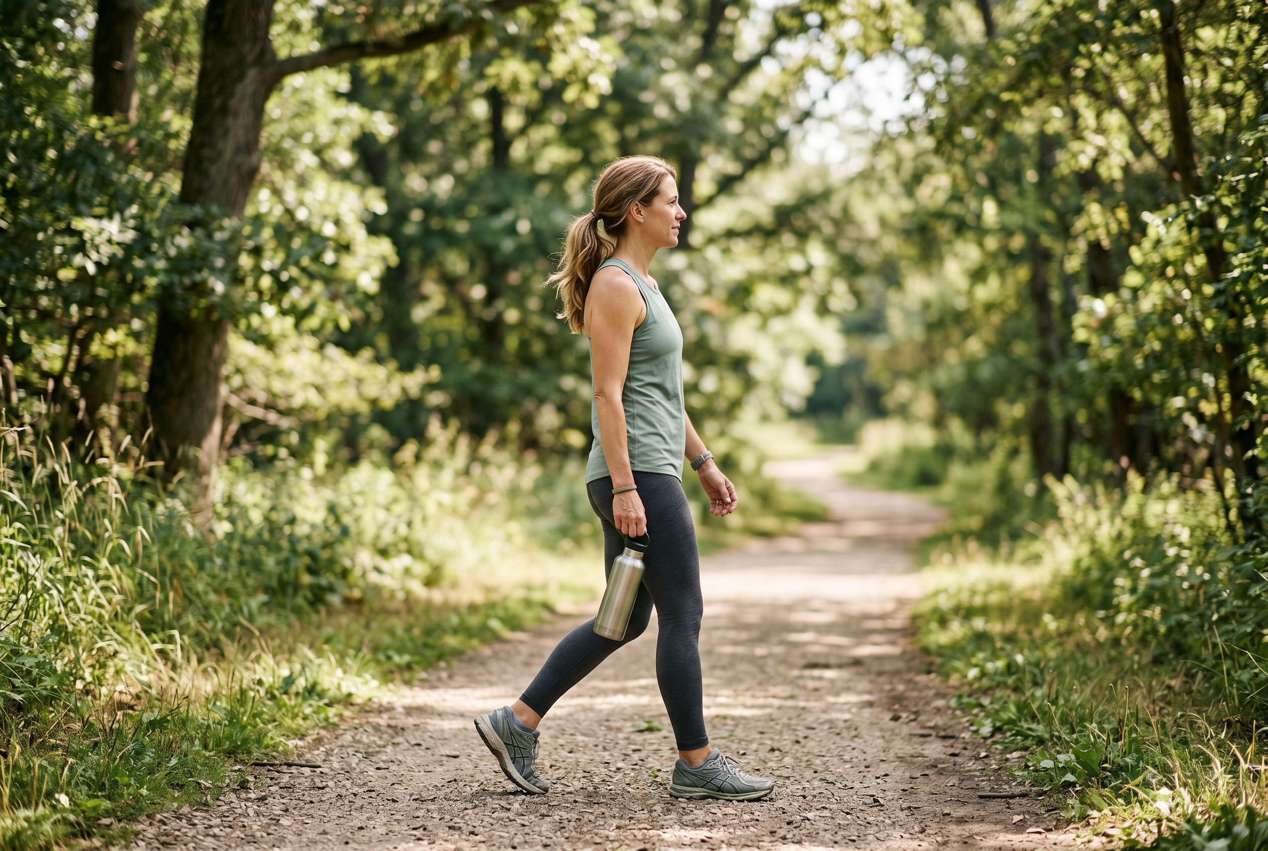 A woman in her 40s walking outdoors on a sunny morning path holding a water bottle
