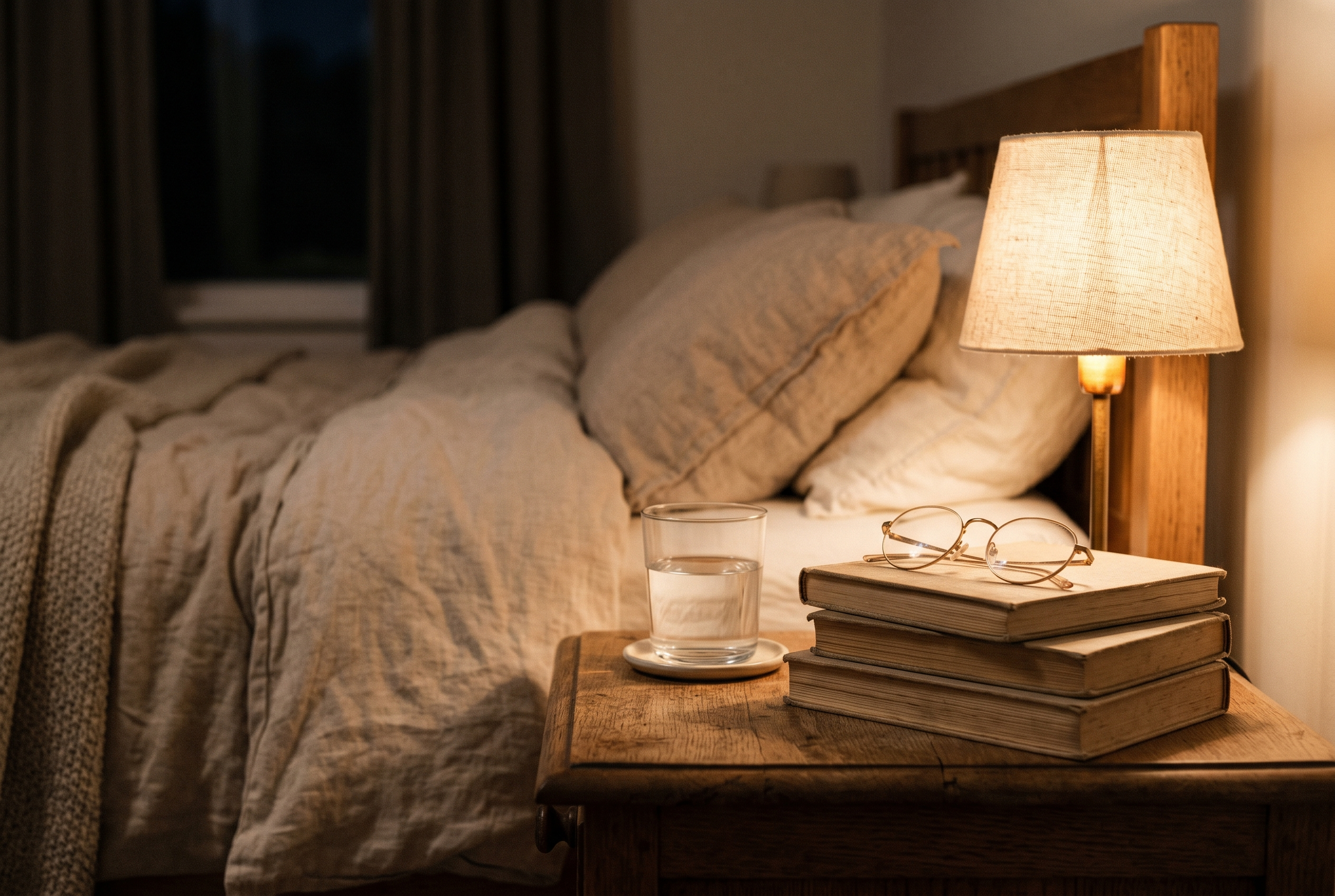 A calm bedside nightstand in soft lamp light with a glass of water and books, a restful evening scene