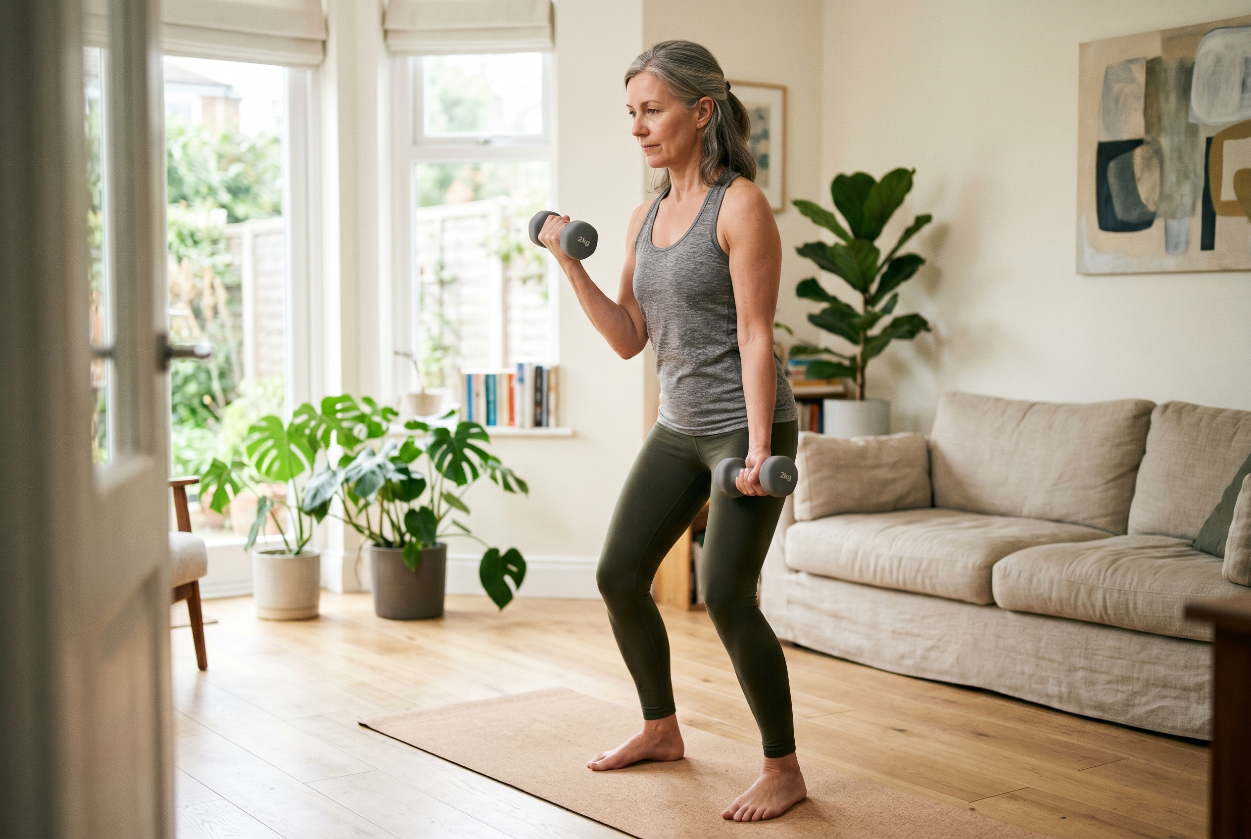 A woman in her early 50s doing light strength training with dumbbells at home in bright natural light