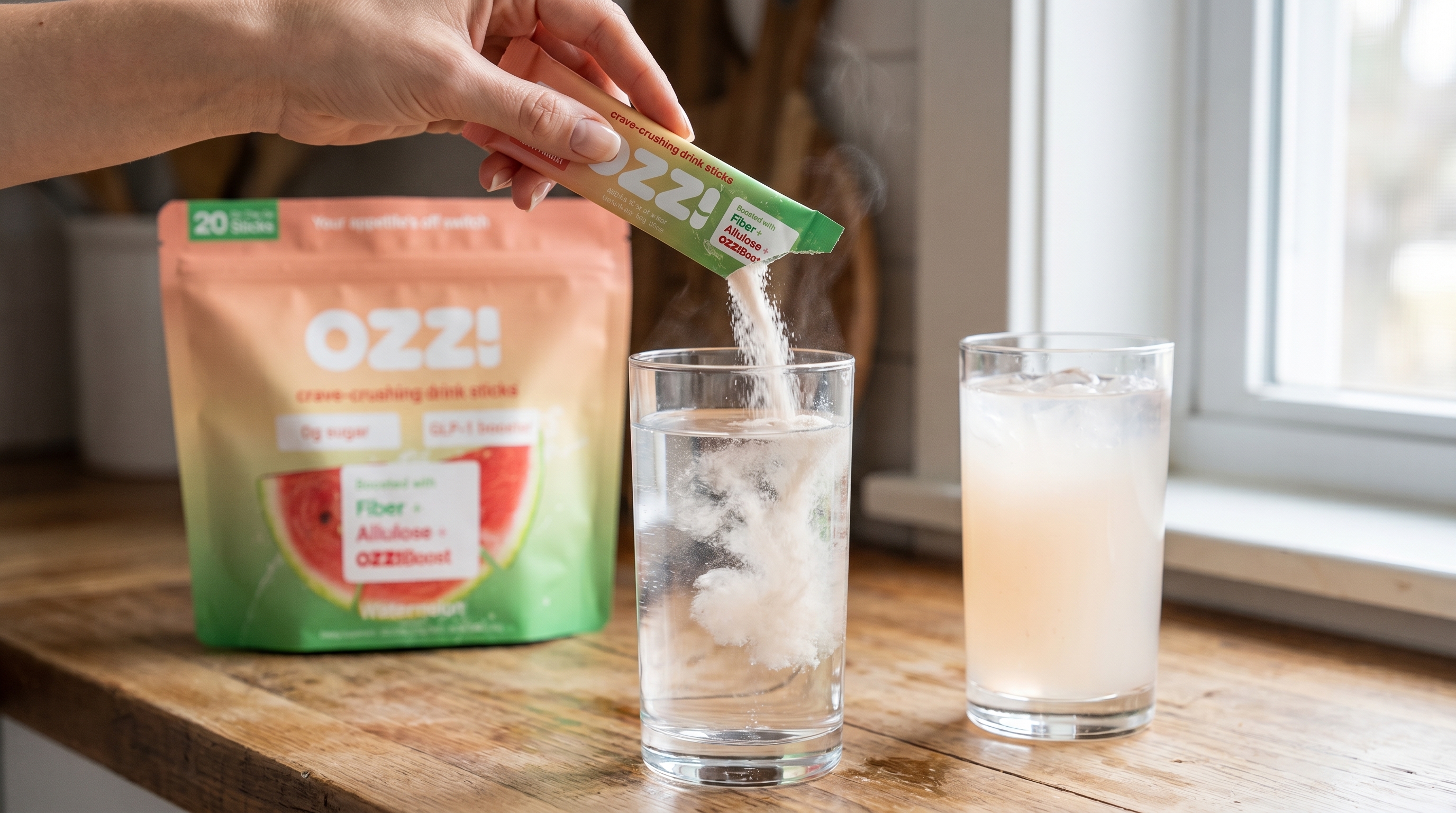 A hand tearing open an OZZ watermelon stick pack over a glass of cold water