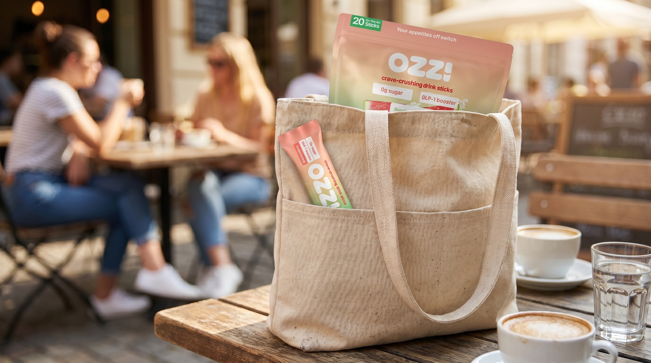 An OZZ watermelon stick pack tucked into a canvas tote bag at an outdoor cafe