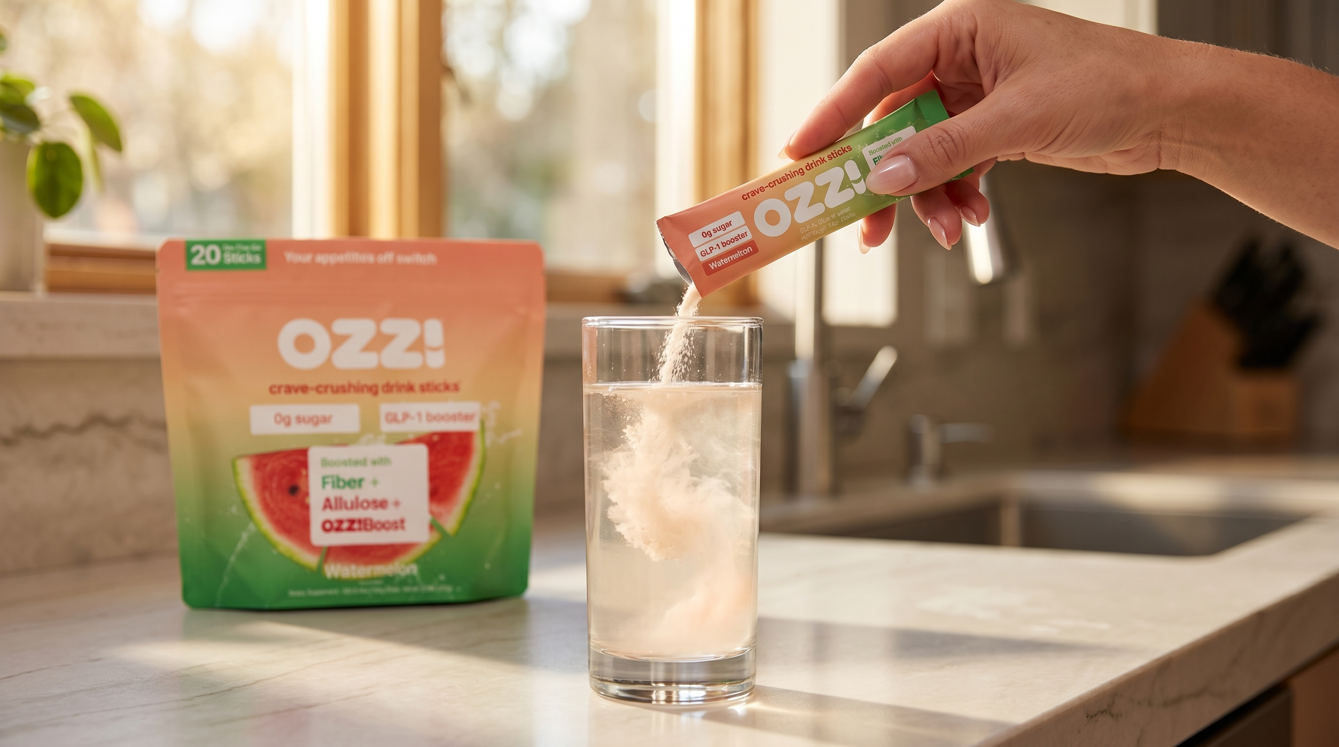 A hand pouring a single OZZ! watermelon stick pack into a tall glass of cold water on a kitchen counter