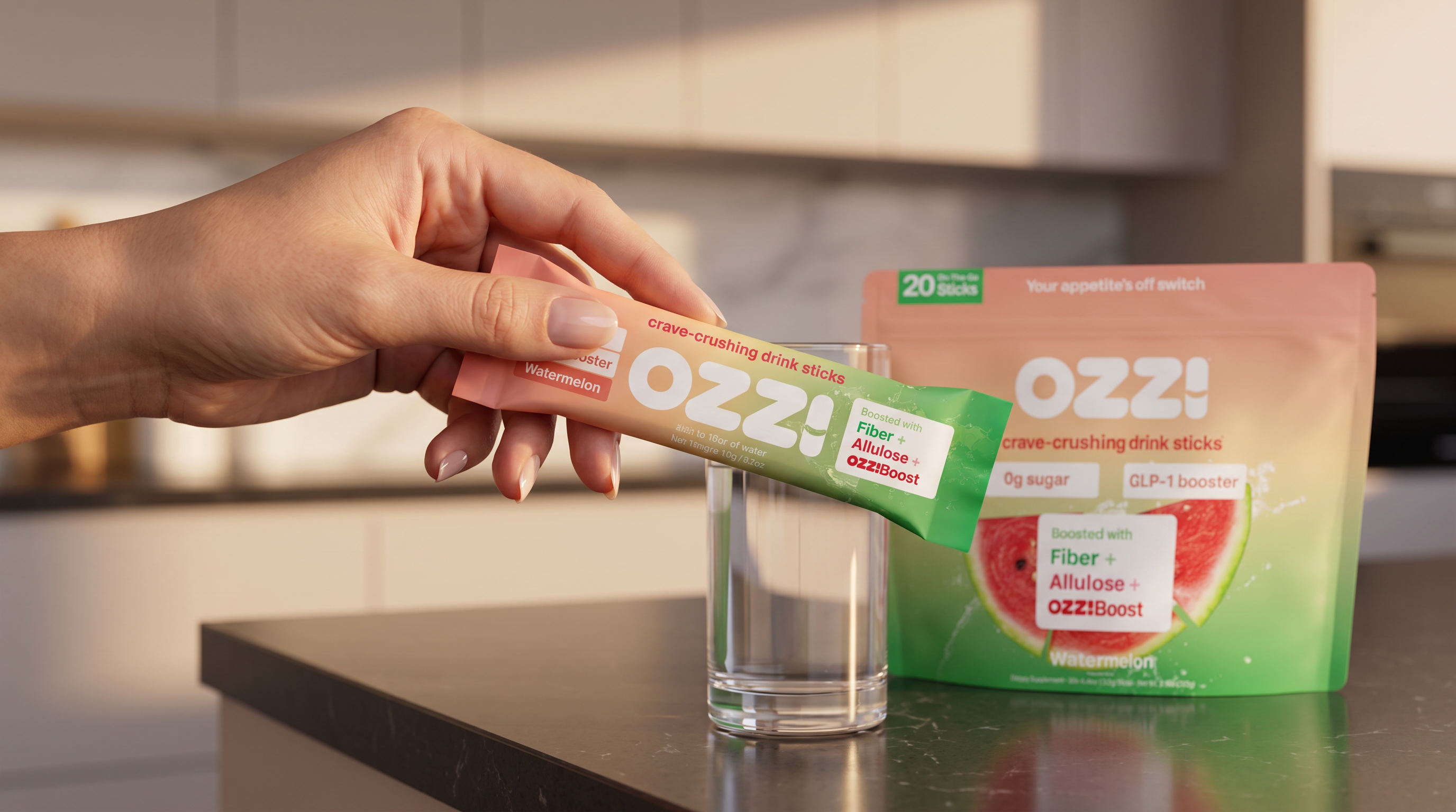 A hand holding a single OZZ! watermelon stick pack in an evening kitchen, the OZZ! pouch on the counter behind it