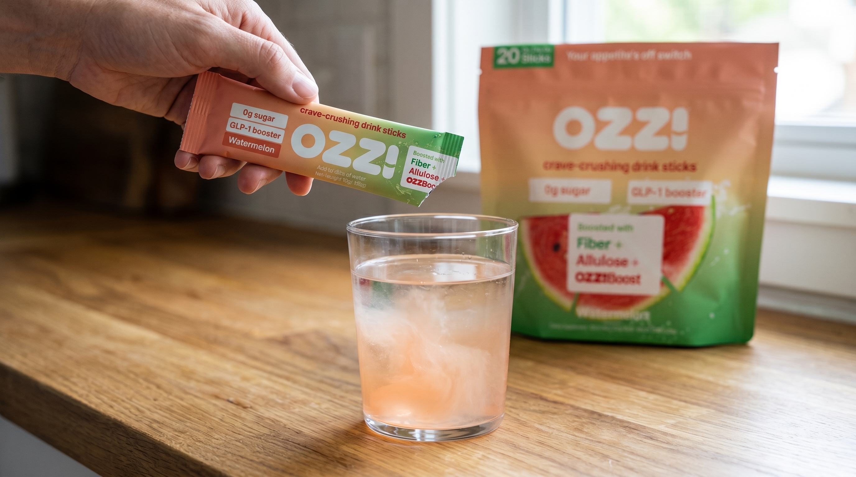 Hand tearing open an Ozzi watermelon stick pack over a glass of cold water