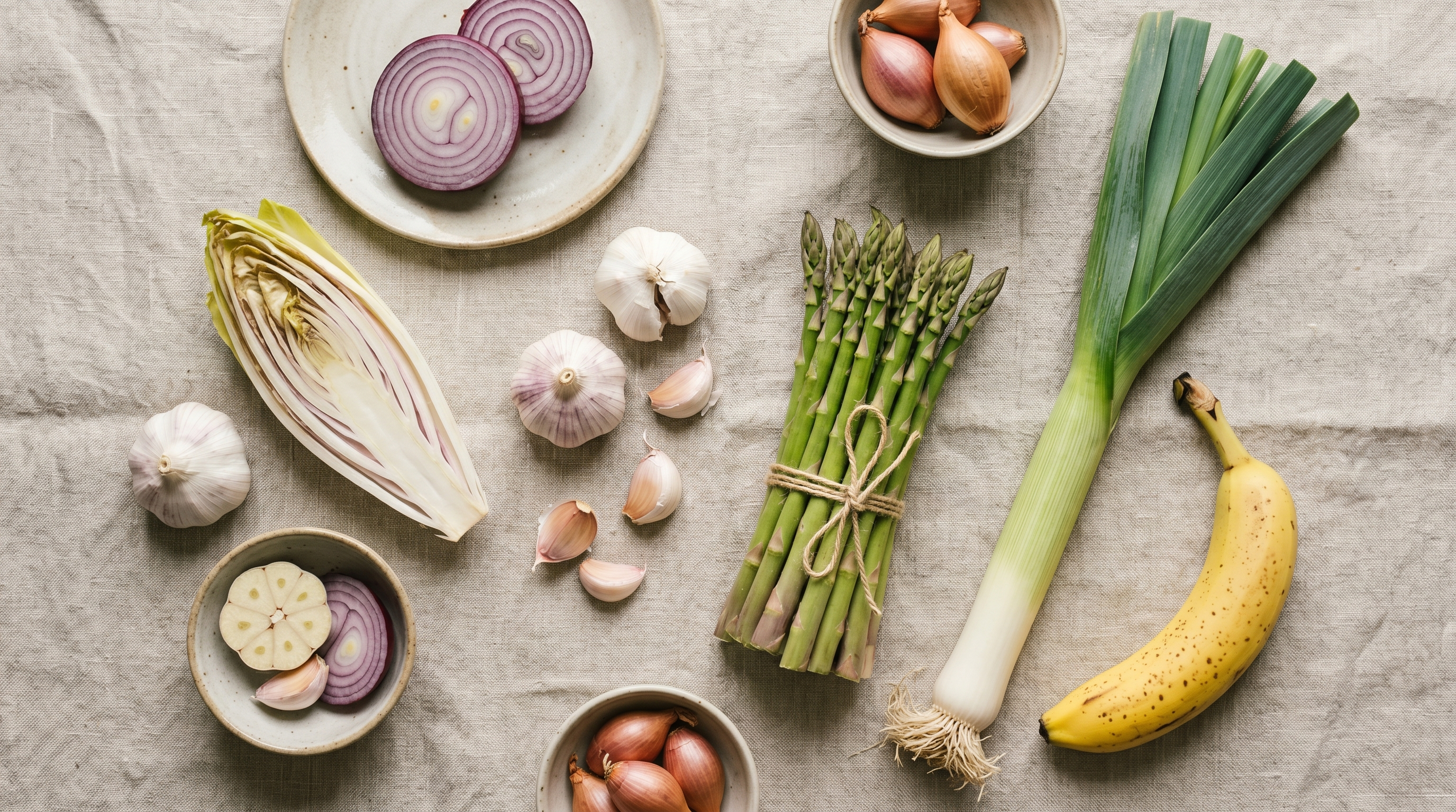 Overhead flatlay of inulin-rich whole foods: chicory root, onion, garlic, asparagus, leek, and banana