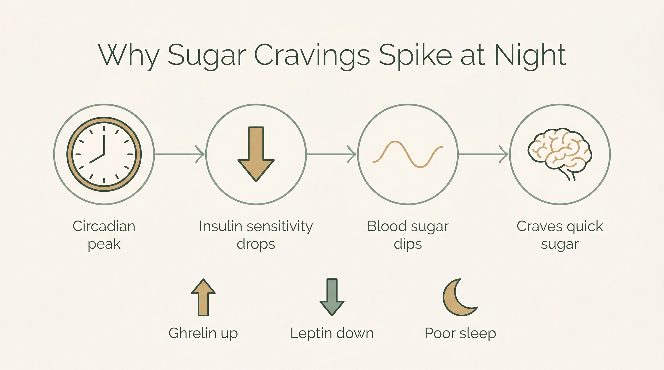 Diagram showing why sugar cravings spike at night: circadian peak, insulin sensitivity drop, blood sugar dip, brain craving sugar, plus ghrelin up, leptin down, and poor sleep