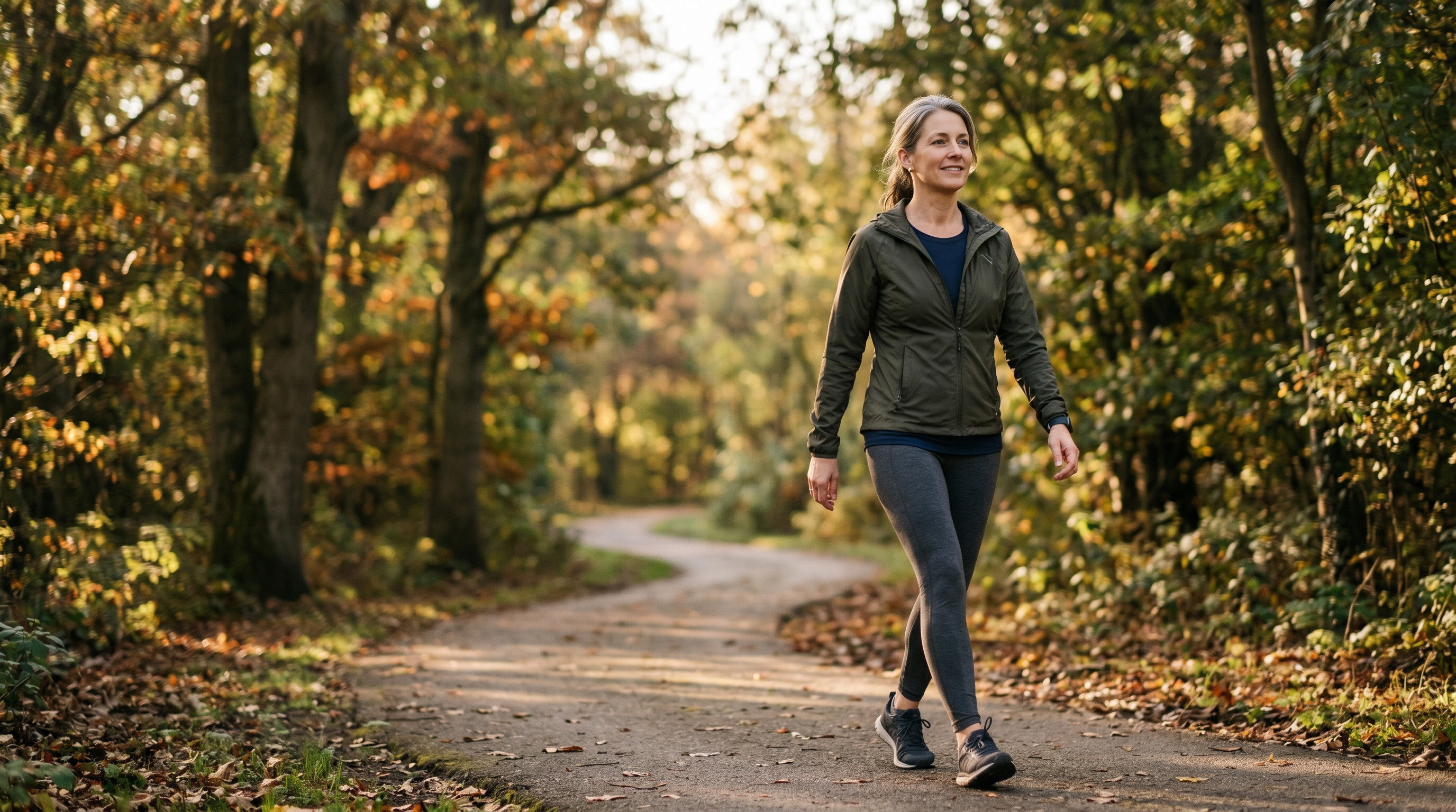 Woman in her late 40s walking briskly on a tree-lined path in soft morning light