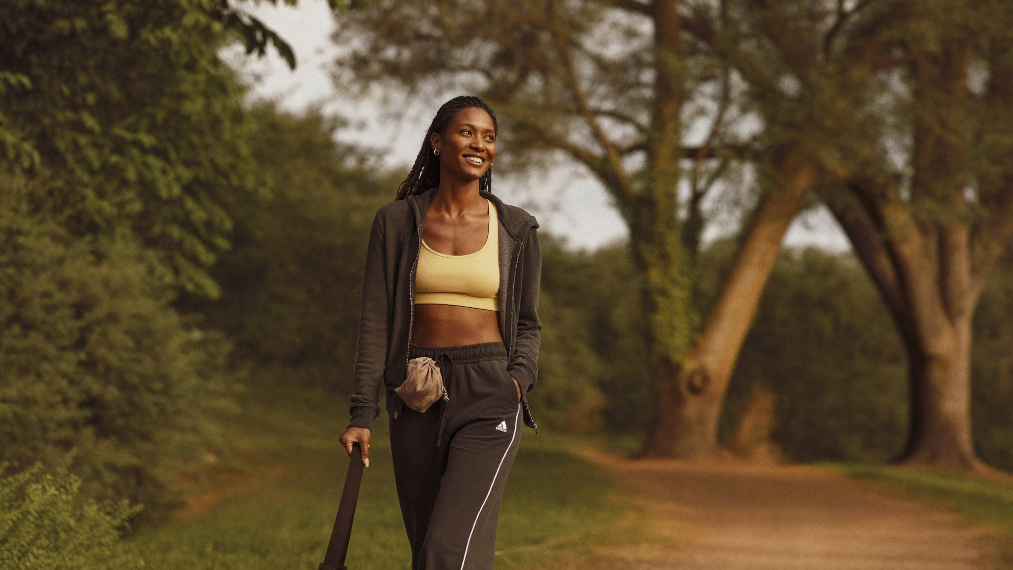 A woman taking a calm walk outdoors to lower stress and curb cravings