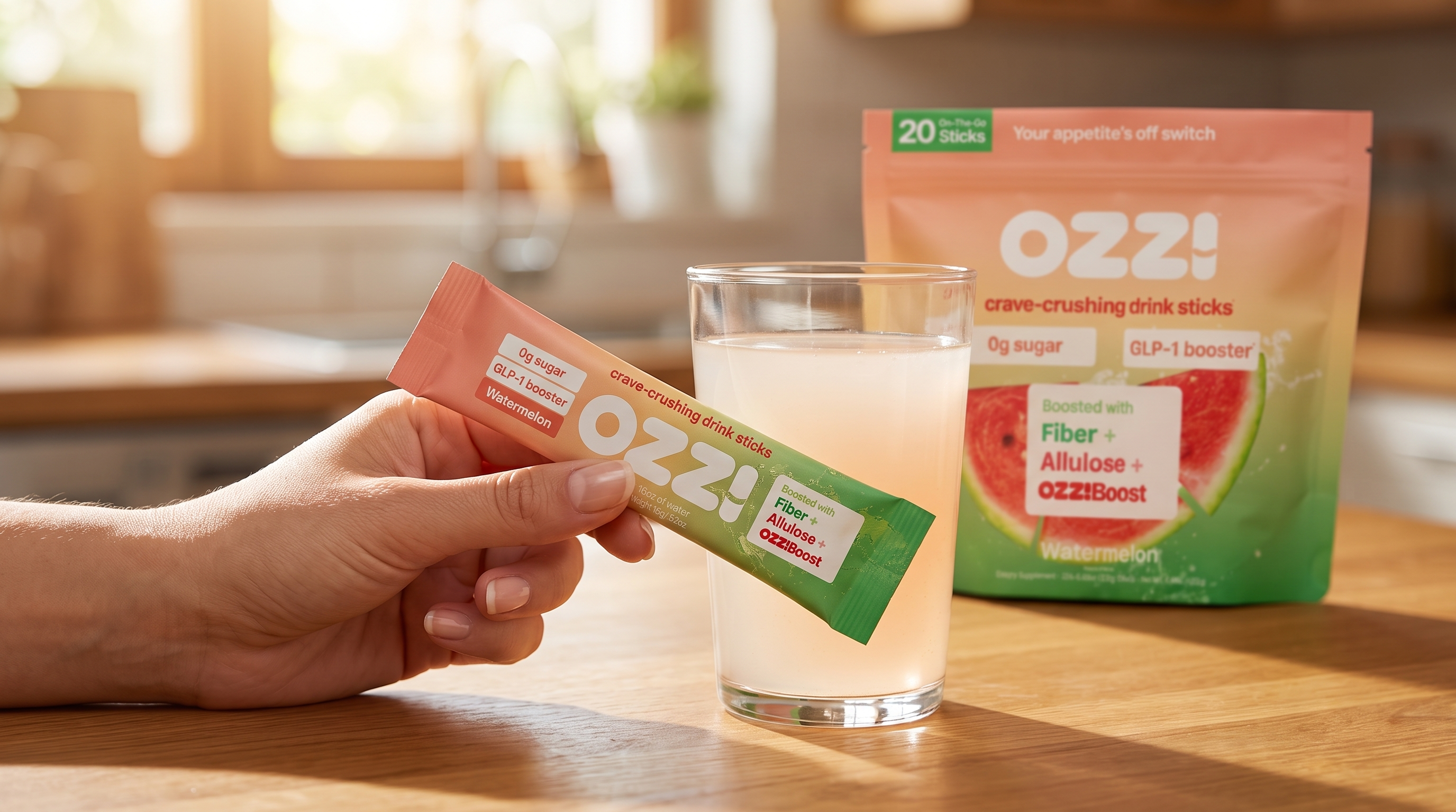 A hand holding a single Ozzi watermelon drink stick beside a full glass of prepared Ozzi on a kitchen table