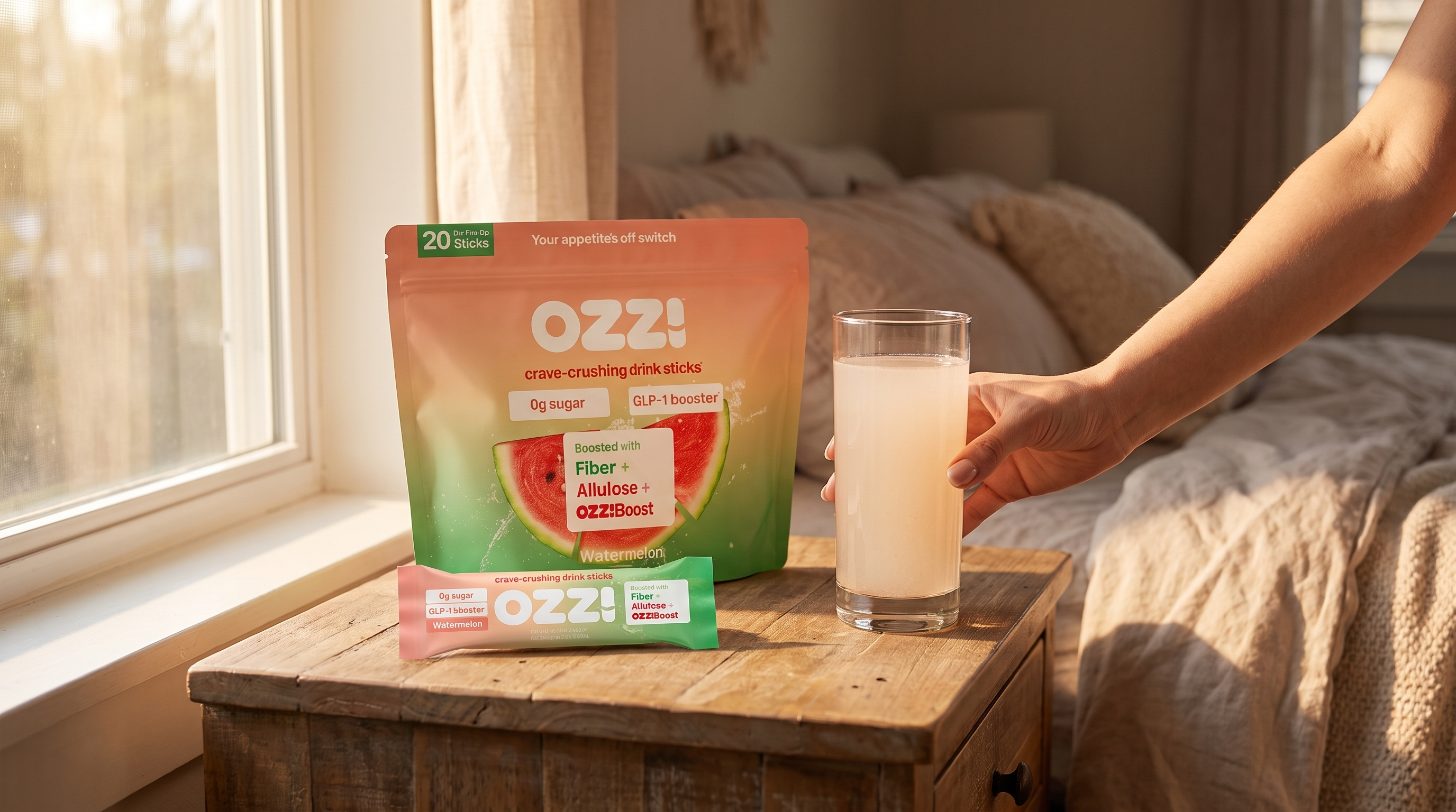 An Ozzi watermelon pouch, a single stick, and a prepared glass on a bedside nightstand in morning light