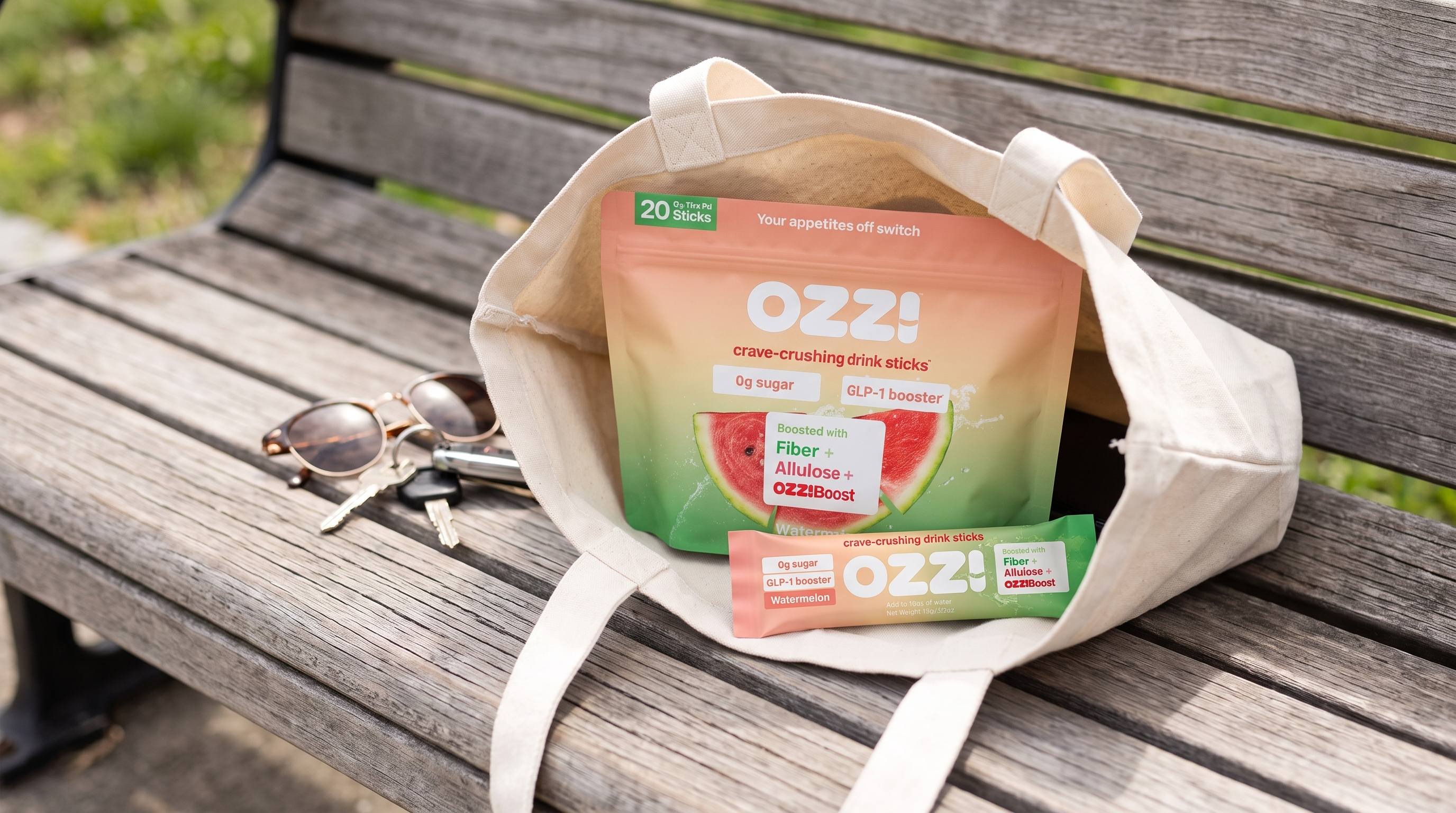 An Ozzi watermelon pouch and a single stick tucked into a canvas tote bag, ready to go