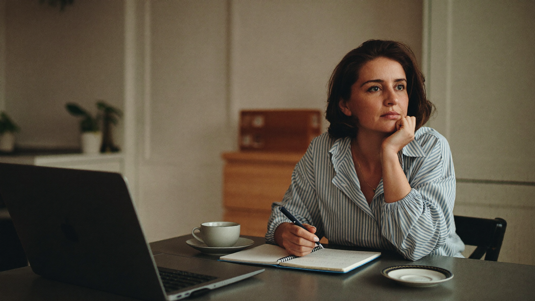 A woman sitting thoughtfully at a kitchen table with a notebook, weighing a decision