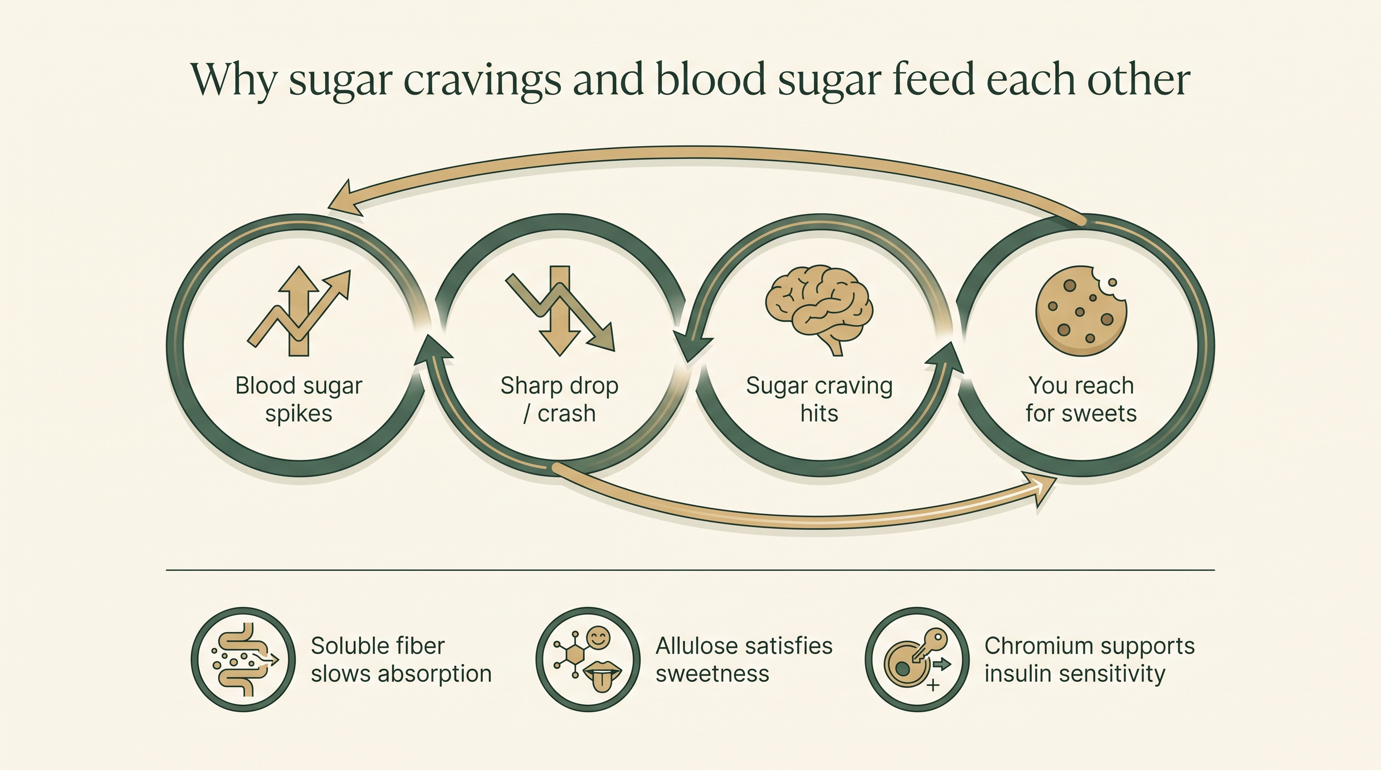 Diagram showing the blood sugar spike, crash, and craving loop, plus how fiber, allulose, and chromium interrupt it