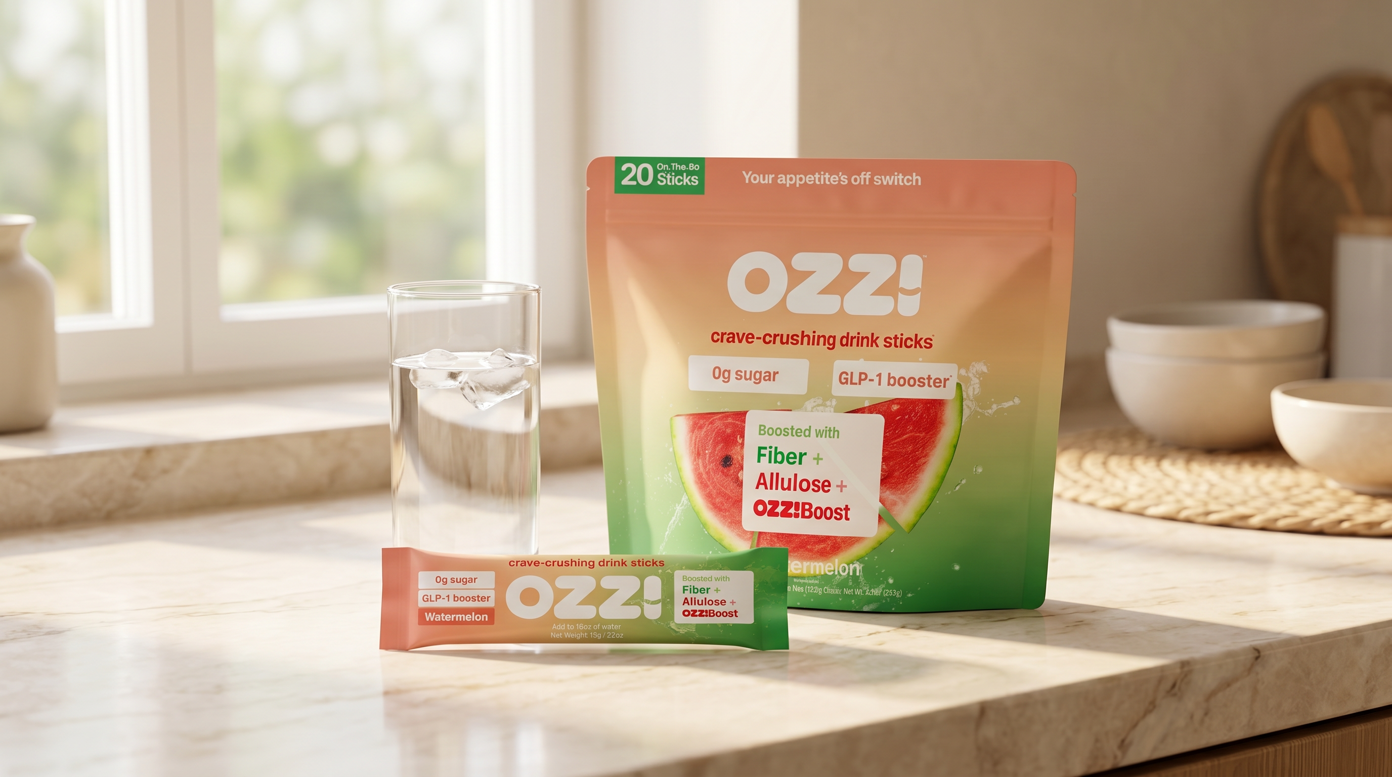A calm morning kitchen counter with a glass of water, the OZZ! watermelon pouch, and a single stick pack beside it