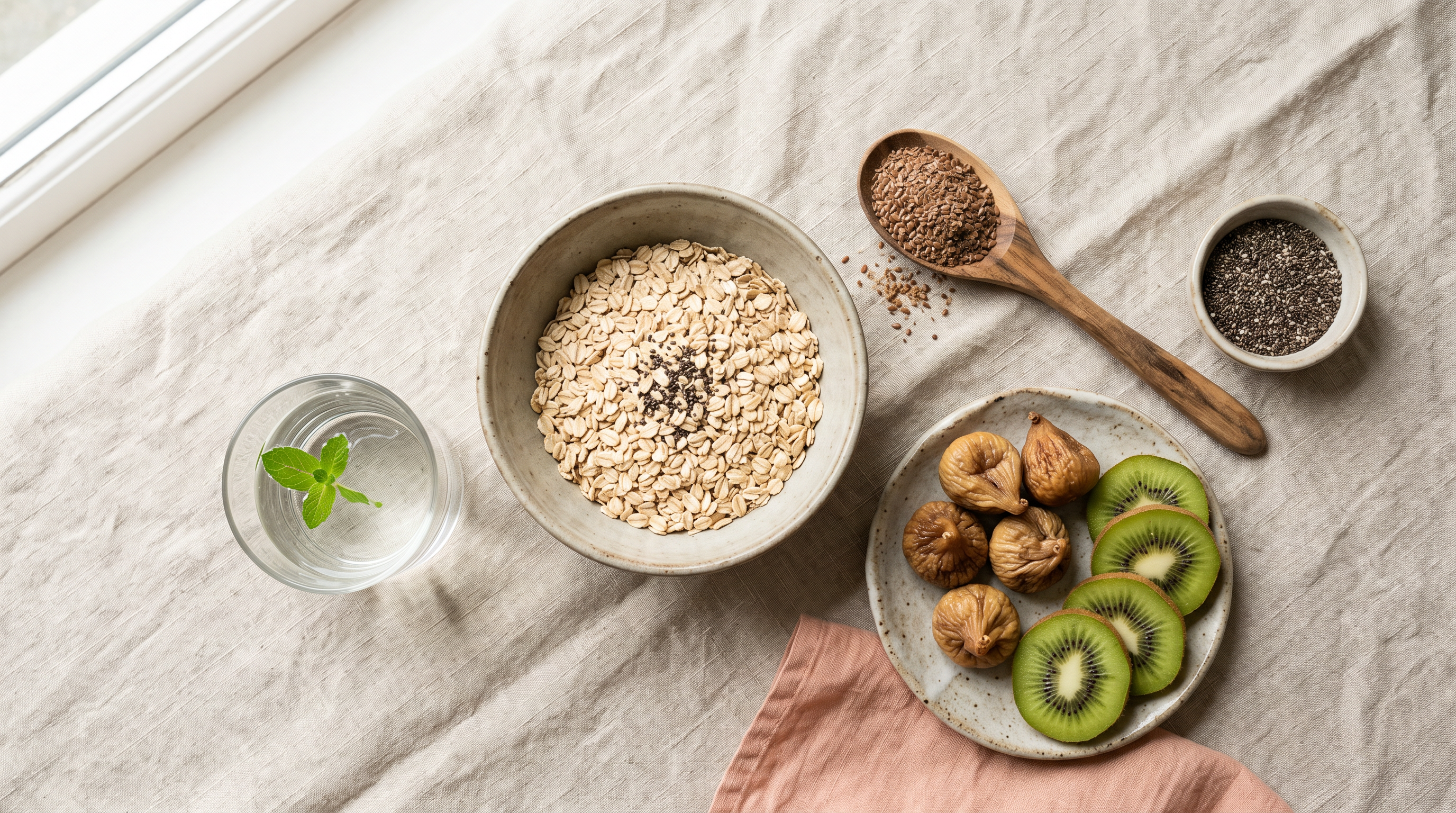 Overhead flatlay of soluble fiber foods including oats, chia seeds, and dried figs on a linen surface