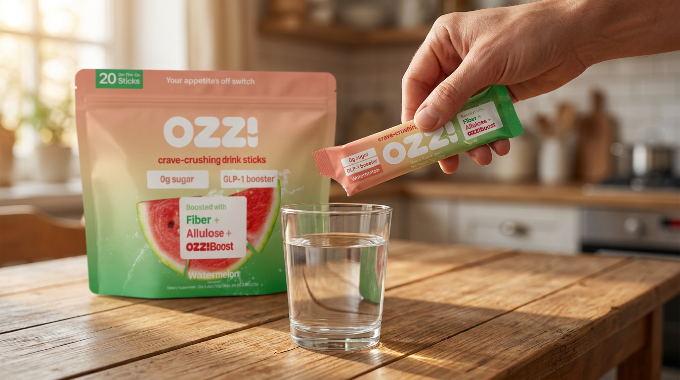 Hand tearing open an OZZ! watermelon stick pack over a glass of water