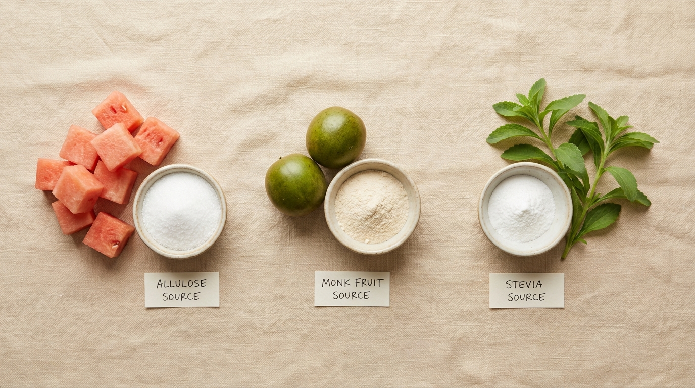 Flatlay comparing allulose crystals with watermelon, monk fruit, and fresh stevia leaves