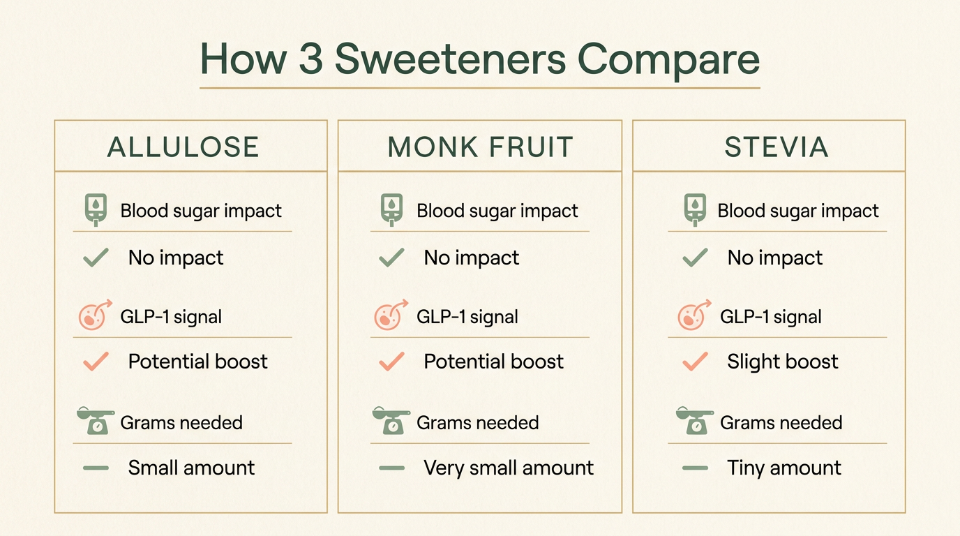 Diagram comparing allulose, monk fruit, and stevia on blood sugar, GLP-1 signal, and dose