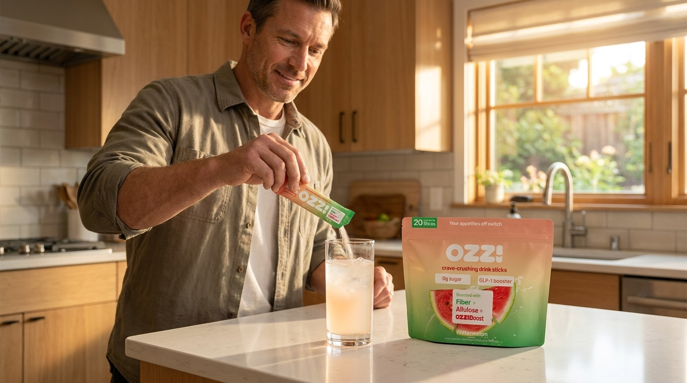 Man in a home kitchen preparing an Ozzi watermelon drink stick in a glass of cold water on the counter