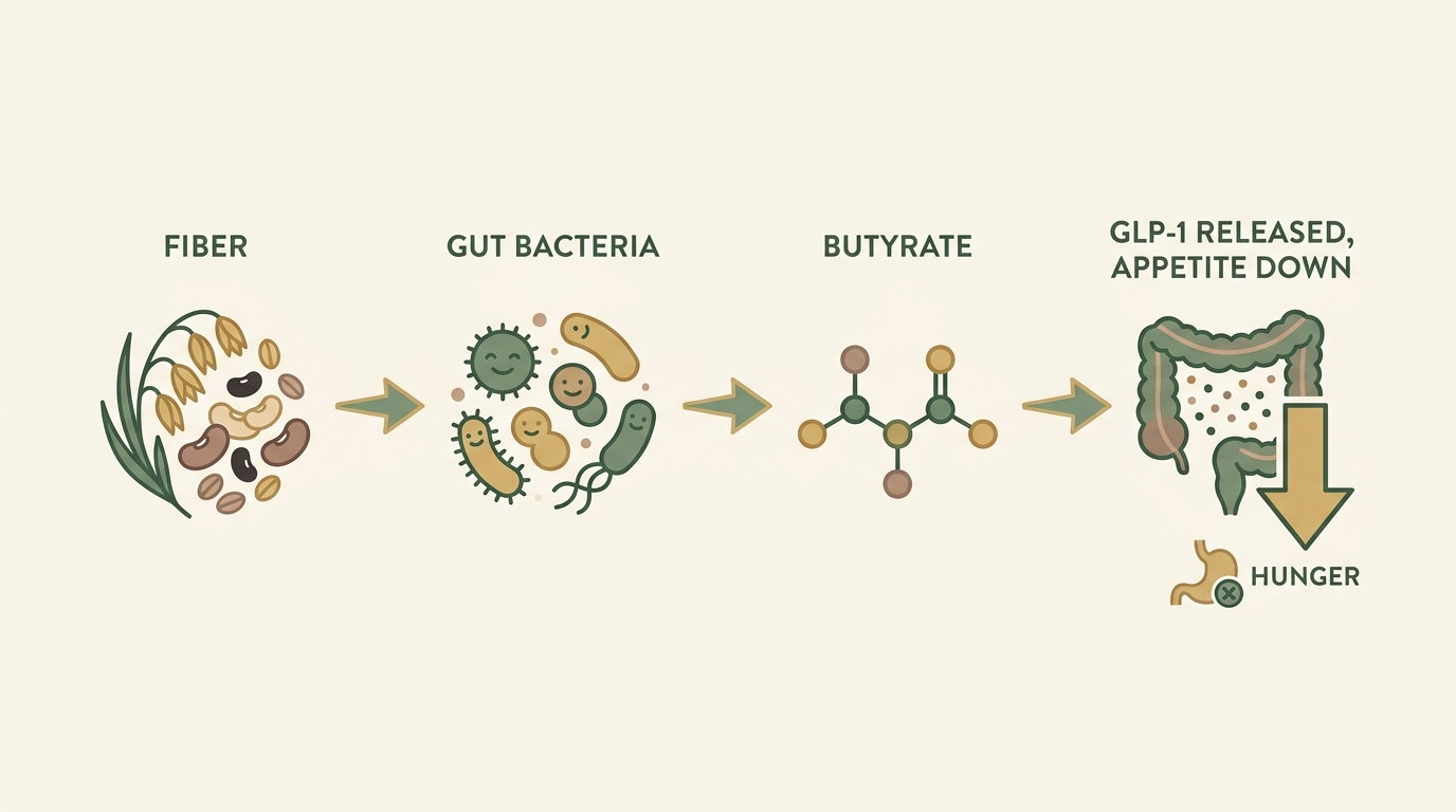 Simple diagram showing fiber feeding gut bacteria, producing butyrate, which triggers L-cells to release GLP-1 and reduce appetite