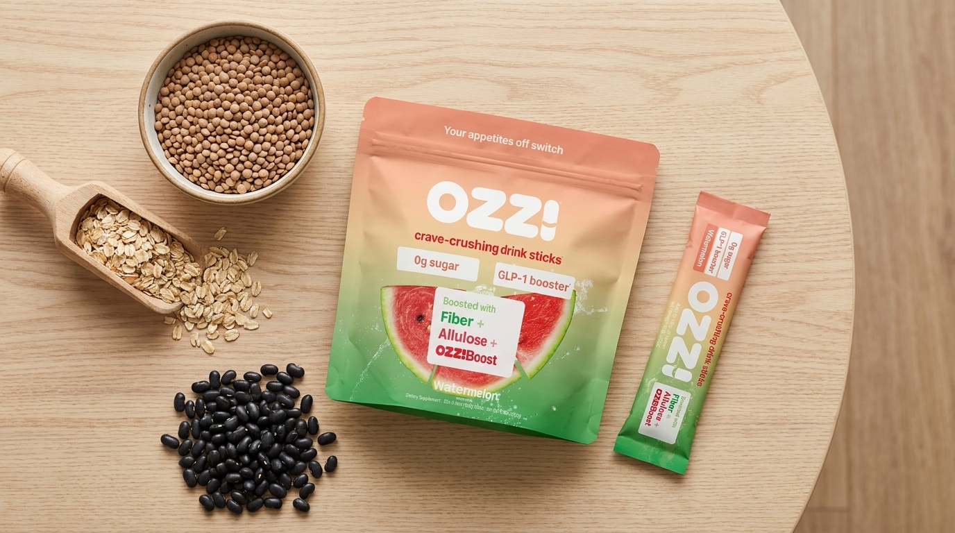 Overhead flatlay of budget GLP-1 boosting foods, dried lentils, oats, and beans, next to an Ozzi watermelon drink stick and pouch