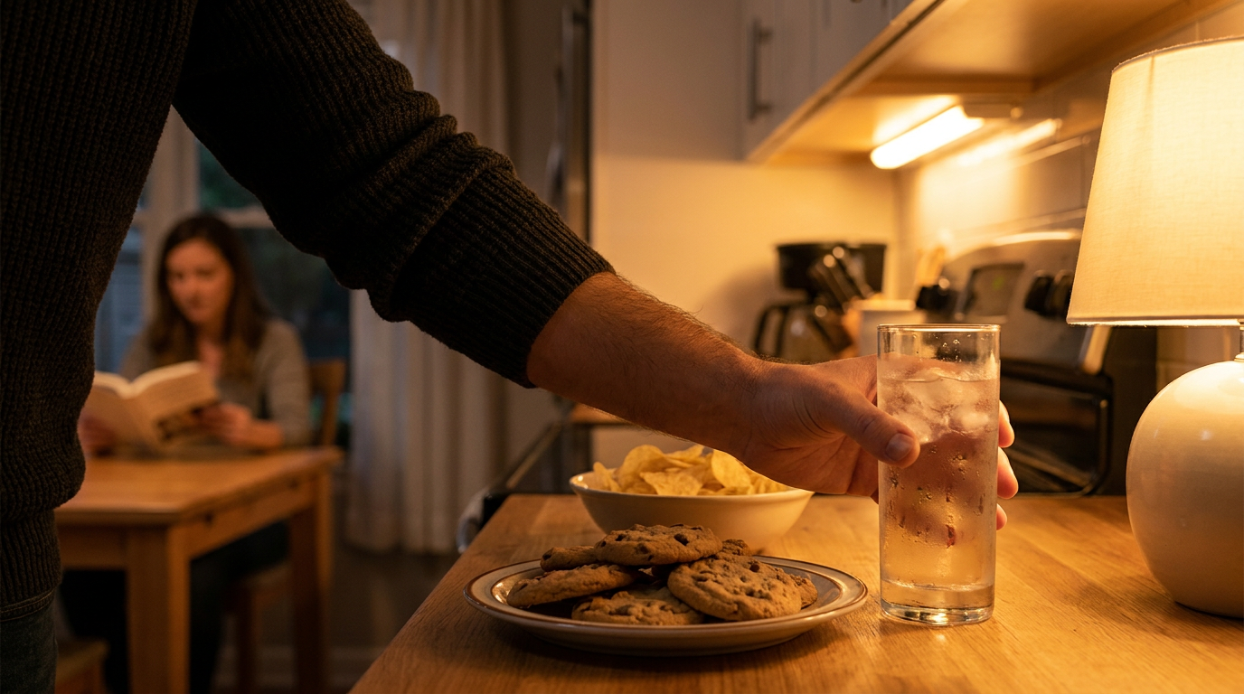 Man's hand reaching past snacks on a kitchen counter in the evening, choosing a glass of water instead