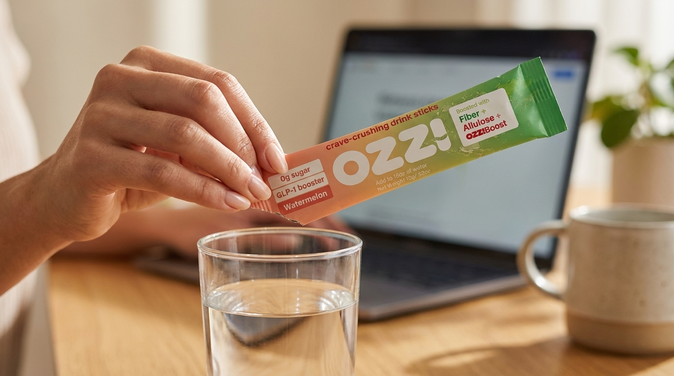 Hand holding a single Ozzi watermelon stick pack over a glass of water at a home office desk