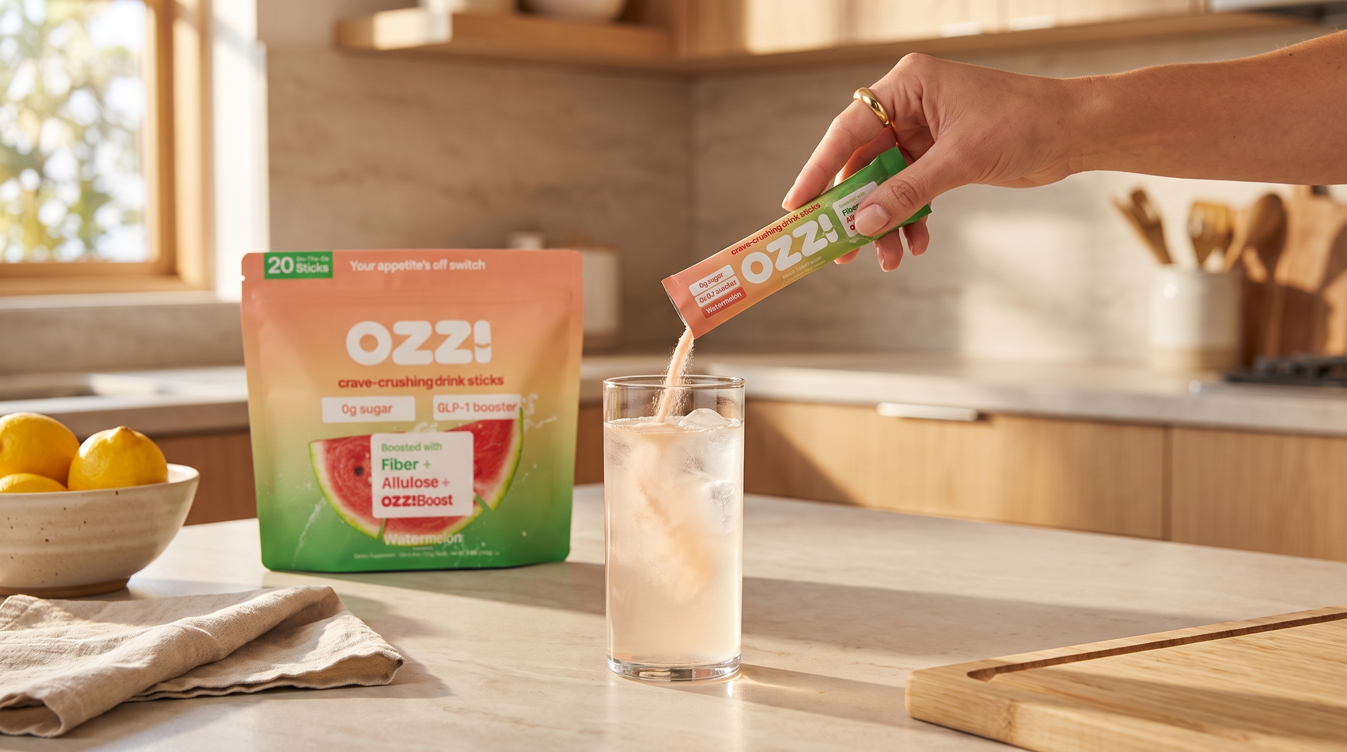 Pouring an Ozzi watermelon drink stick into a glass of cold water on a kitchen counter