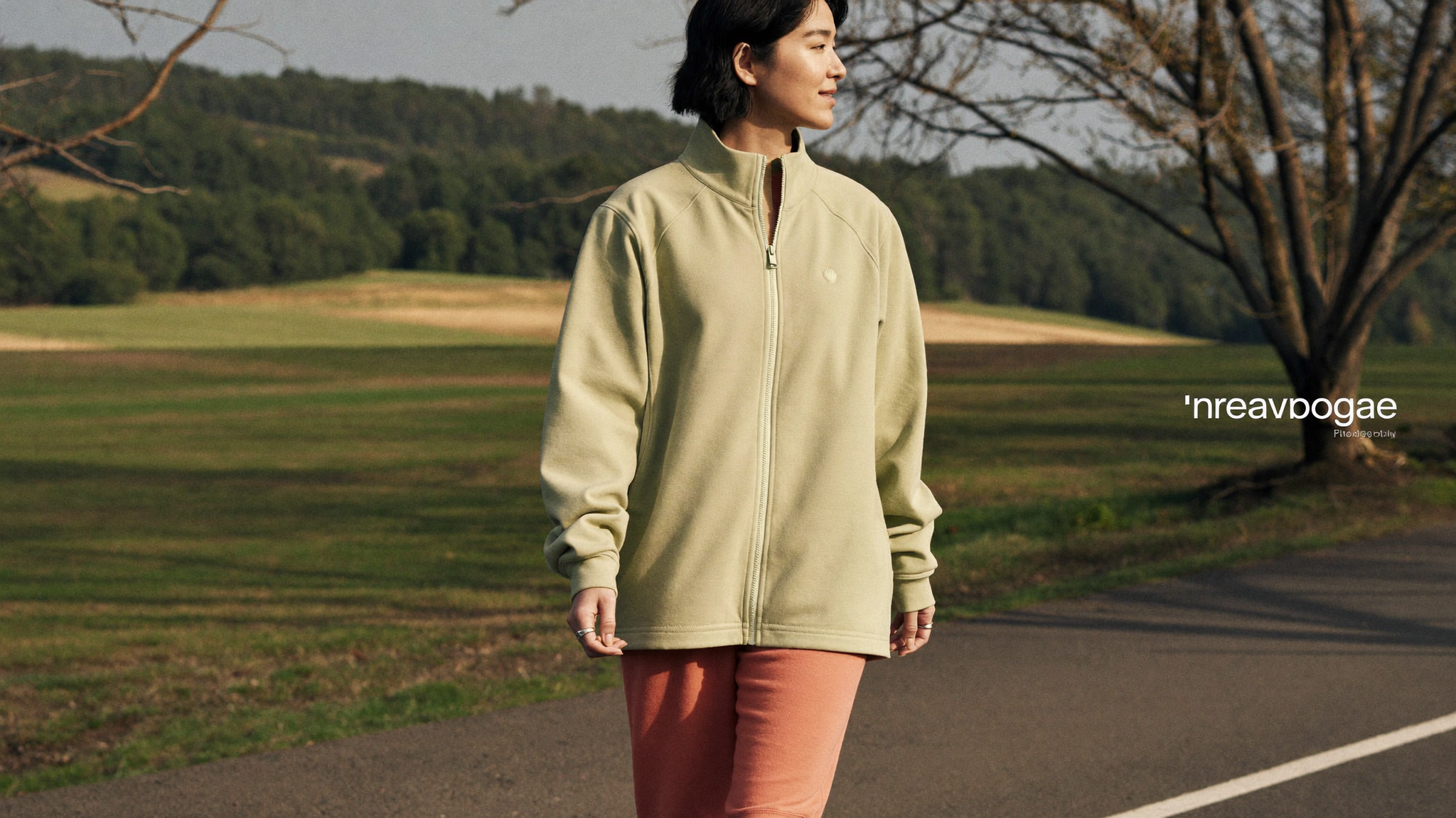 A calm woman taking an after-dinner walk on a tree-lined path in golden light