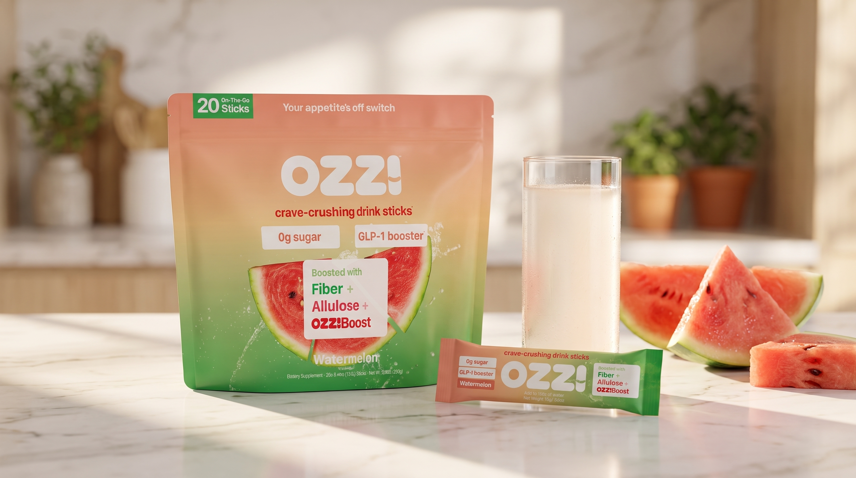 Ozzi watermelon drink stick and a glass of prepared Ozzi on a kitchen counter in morning light