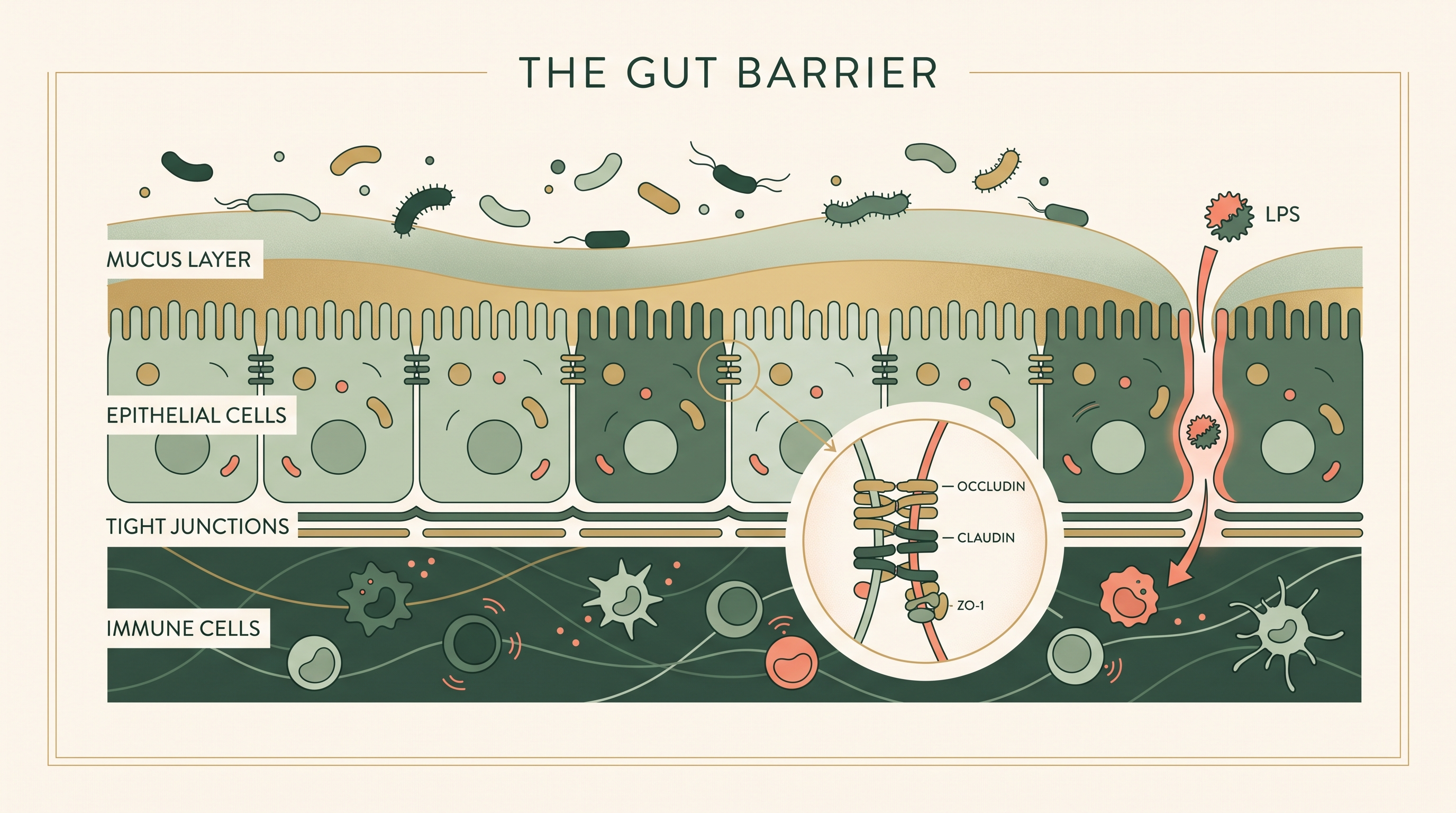 Diagram of the gut barrier showing the mucus layer, epithelial cells, tight junctions with occludin claudin and ZO-1, and immune cells