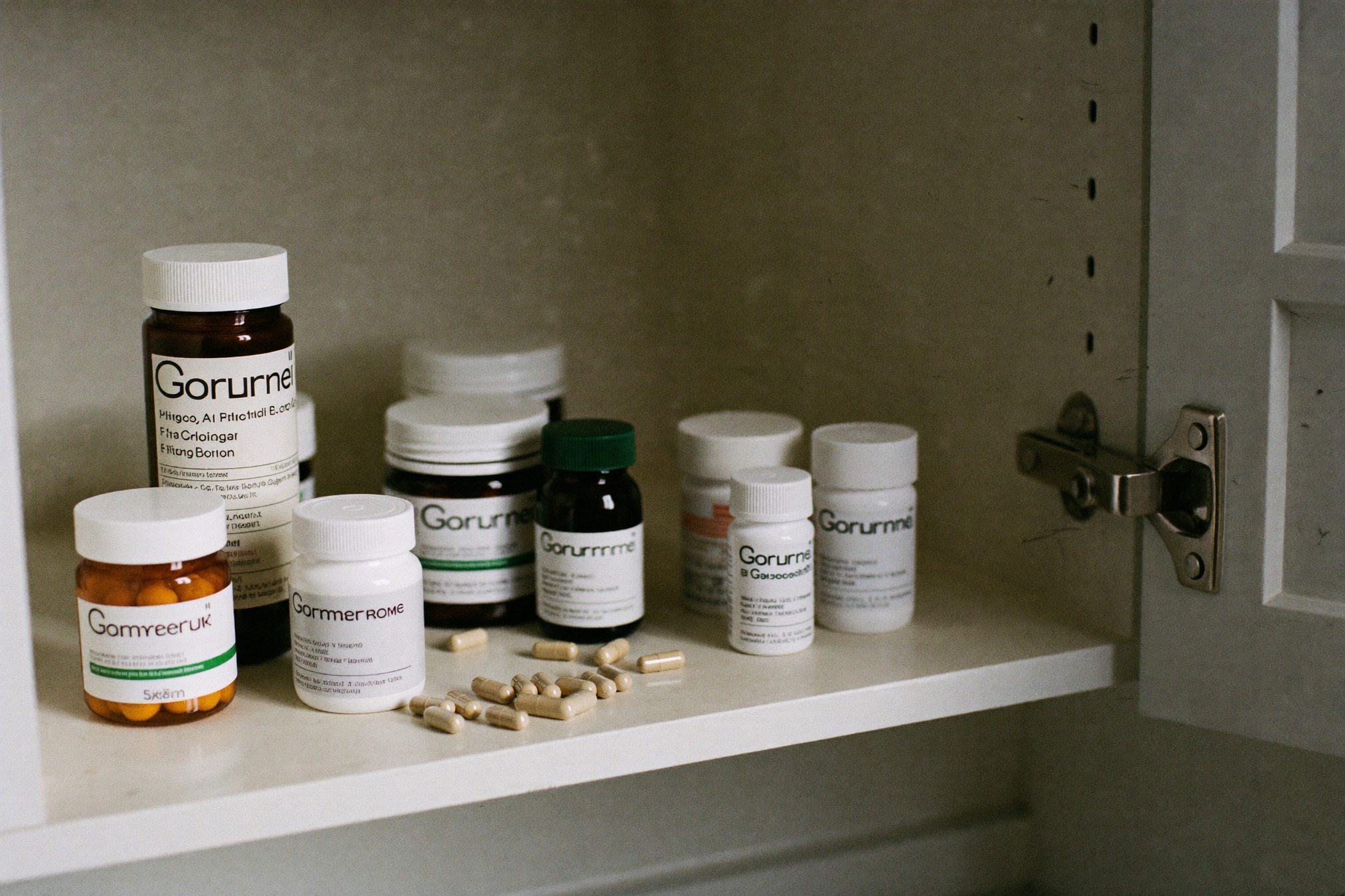 Unbranded supplement bottles and loose capsules on a bathroom cabinet shelf