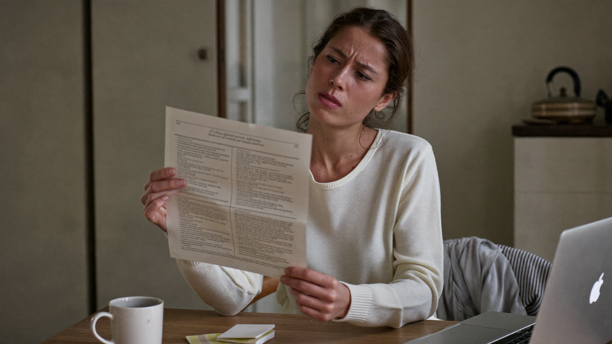 A woman in her forties sits at a kitchen table reading a printed lab report with a skeptical expression
