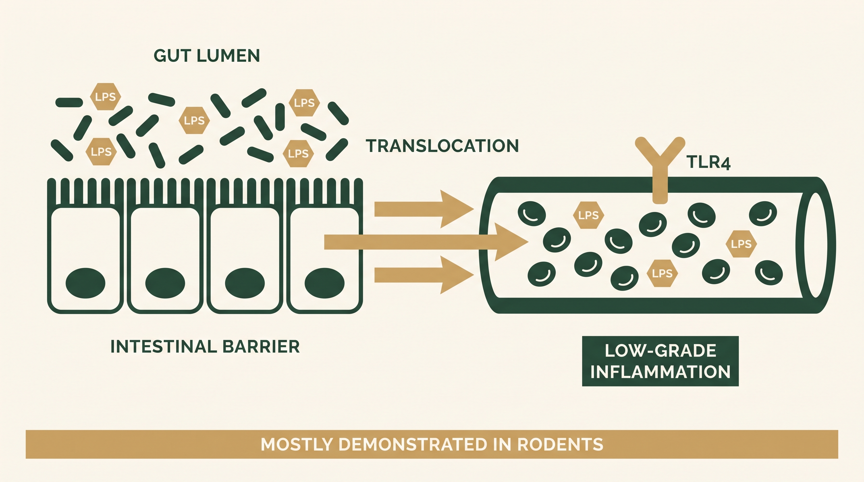 Diagram showing lipopolysaccharide moving from gram-negative gut bacteria across the intestinal barrier into the bloodstream, where TLR4 receptors trigger low-grade inflammation