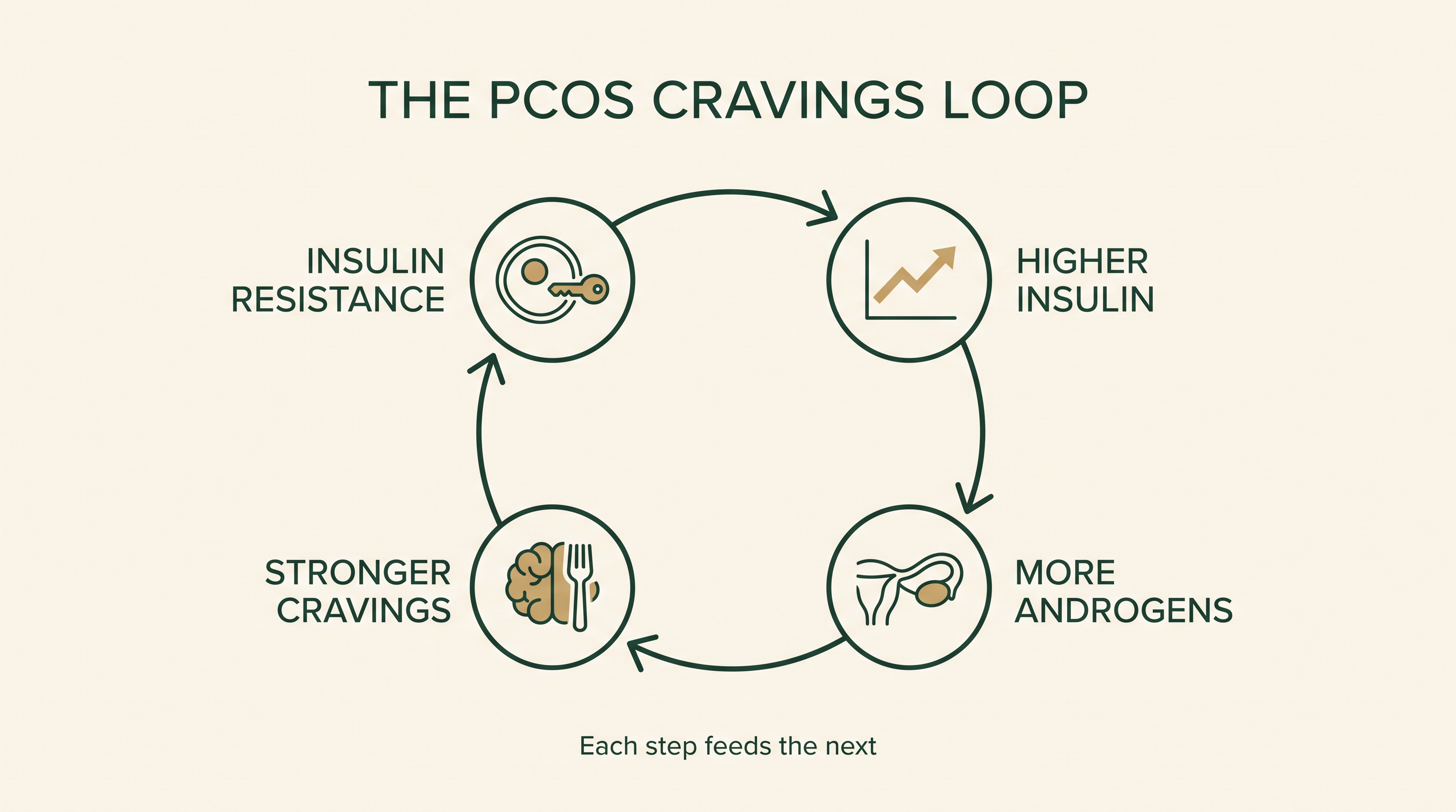 Diagram of the PCOS cravings loop: insulin resistance, higher insulin, more androgens, stronger cravings
