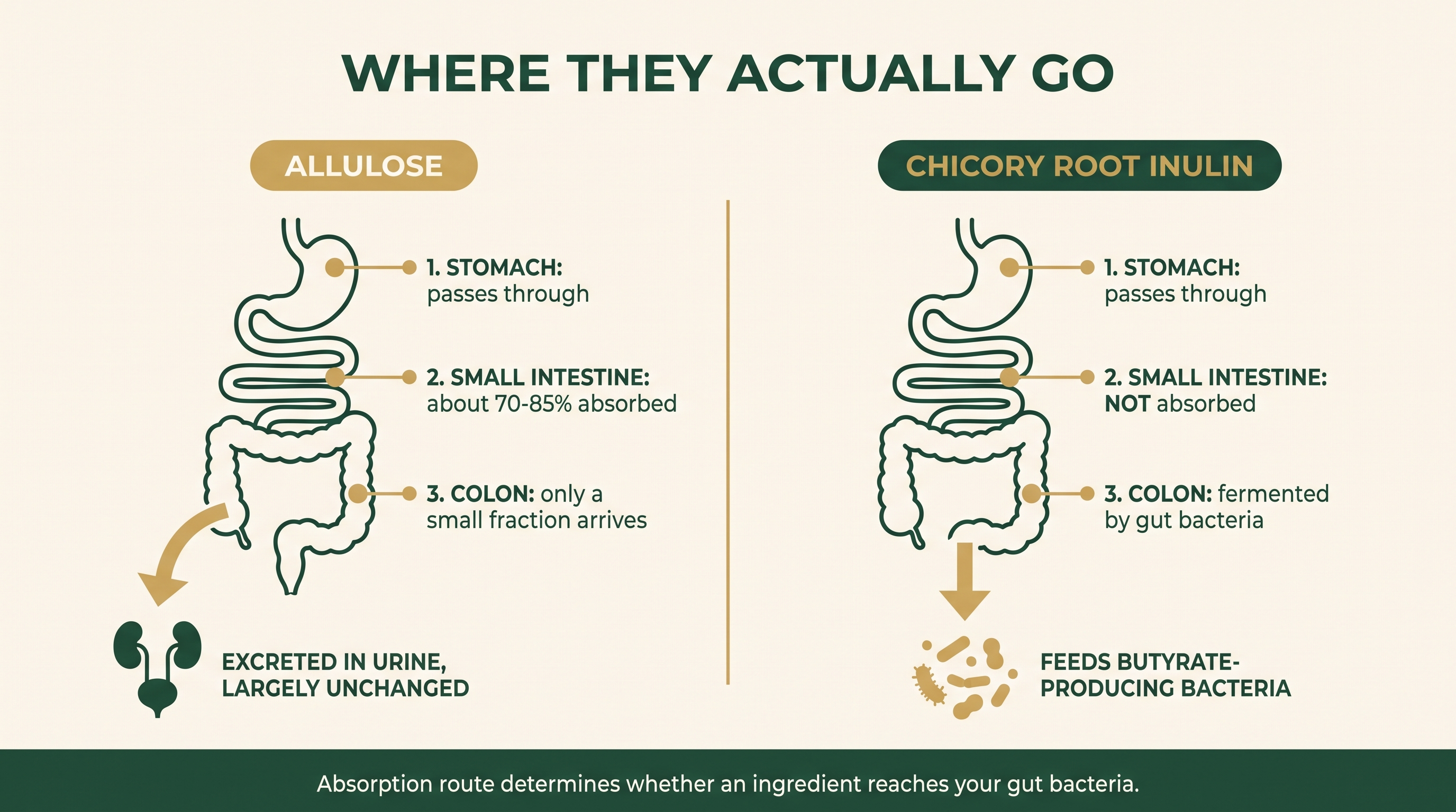 Diagram comparing the digestive path of allulose, which is mostly absorbed in the small intestine and excreted in urine, with chicory root inulin, which reaches the colon and feeds butyrate-producing bacteria.