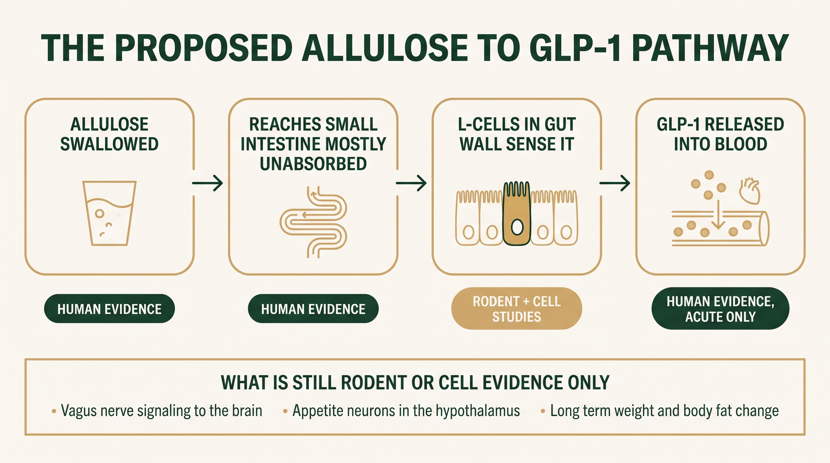 Flat vector diagram of the proposed pathway from allulose reaching the small intestine to L-cell sensing to GLP-1 release, with panels labeling which steps rest on human evidence and which rest on rodent or cell-study evidence