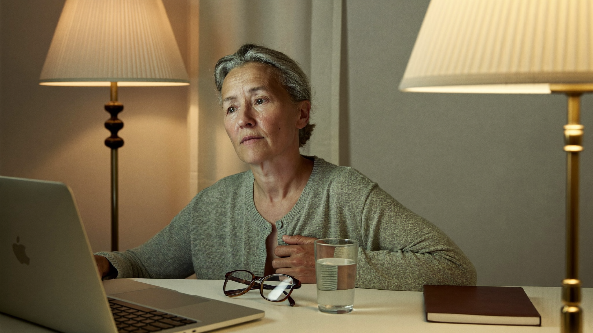 A woman in her early 50s sitting at a home office desk in the evening, one hand resting on her stomach, looking thoughtfully away