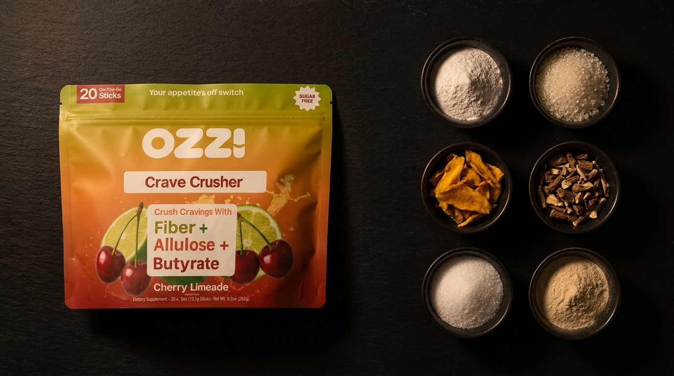 Overhead flat lay of the six natural ingredients used to stop the munchies: chromium, glucomannan, butyrate, allulose, inulin and African mango
