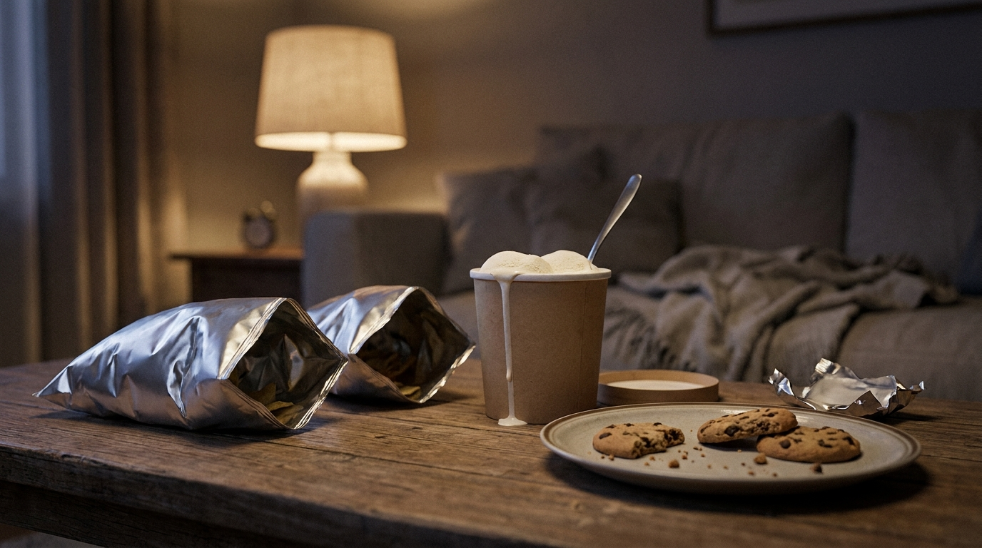 The aftermath of a late-night munchies session: empty chip bags, an open pint of ice cream and half-eaten cookies on a coffee table