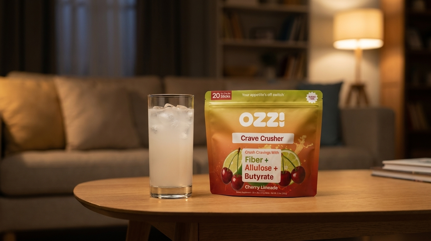 Ozzi Crave Crusher mixed into a glass of iced water beside the pouch on a coffee table during a late-night session