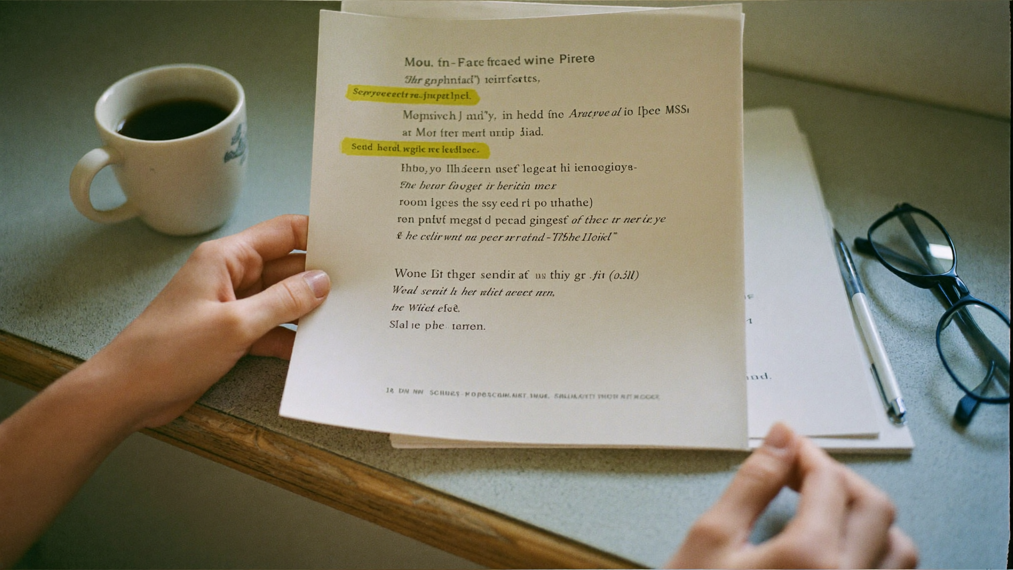 Overhead view of hands at a kitchen counter holding a printed scientific paper marked up with a yellow highlighter, beside a mug of coffee and reading glasses