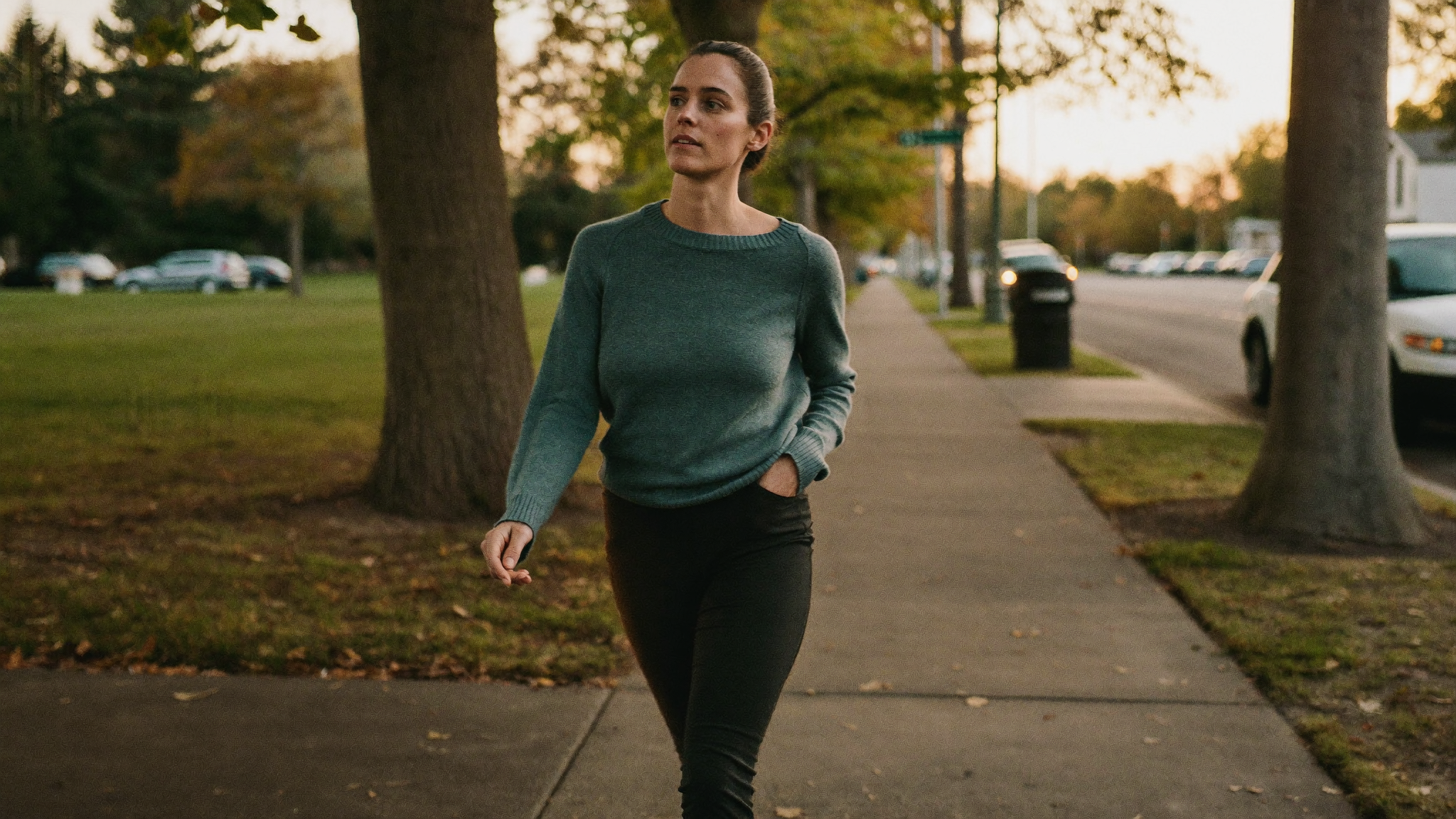 Woman walking on a tree-lined sidewalk at dusk after dinner