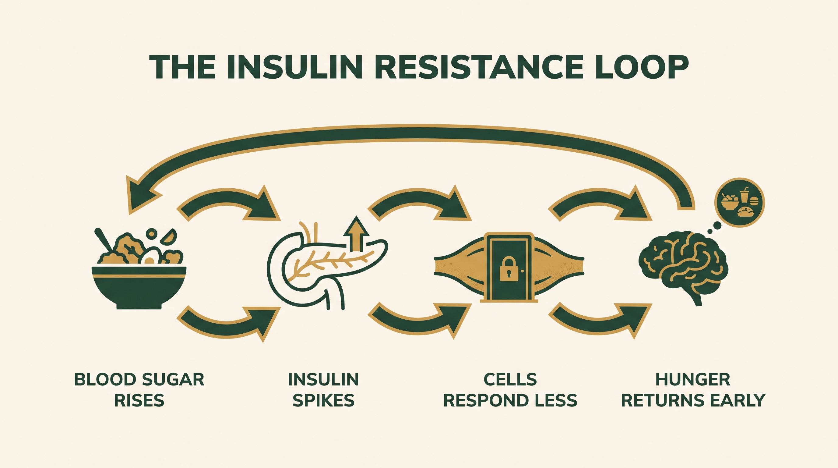 Diagram of the insulin resistance loop: blood sugar rises, insulin spikes, cells respond less, hunger returns early