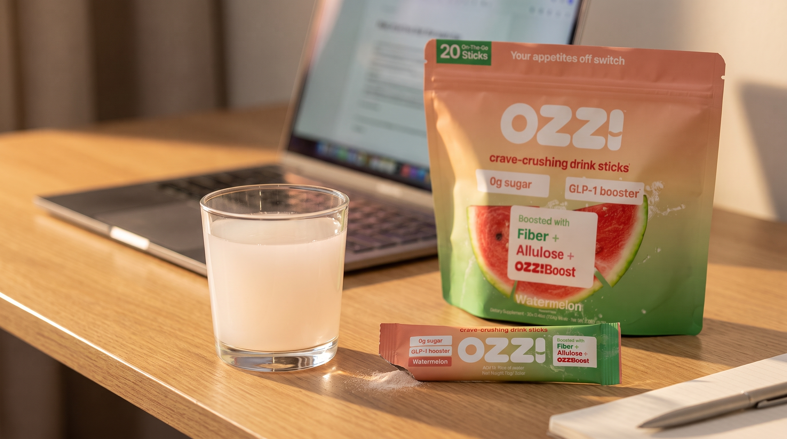 An Ozzi watermelon drink stick torn open beside a glass of the prepared drink on a home office desk in late afternoon light, with the Ozzi pouch behind