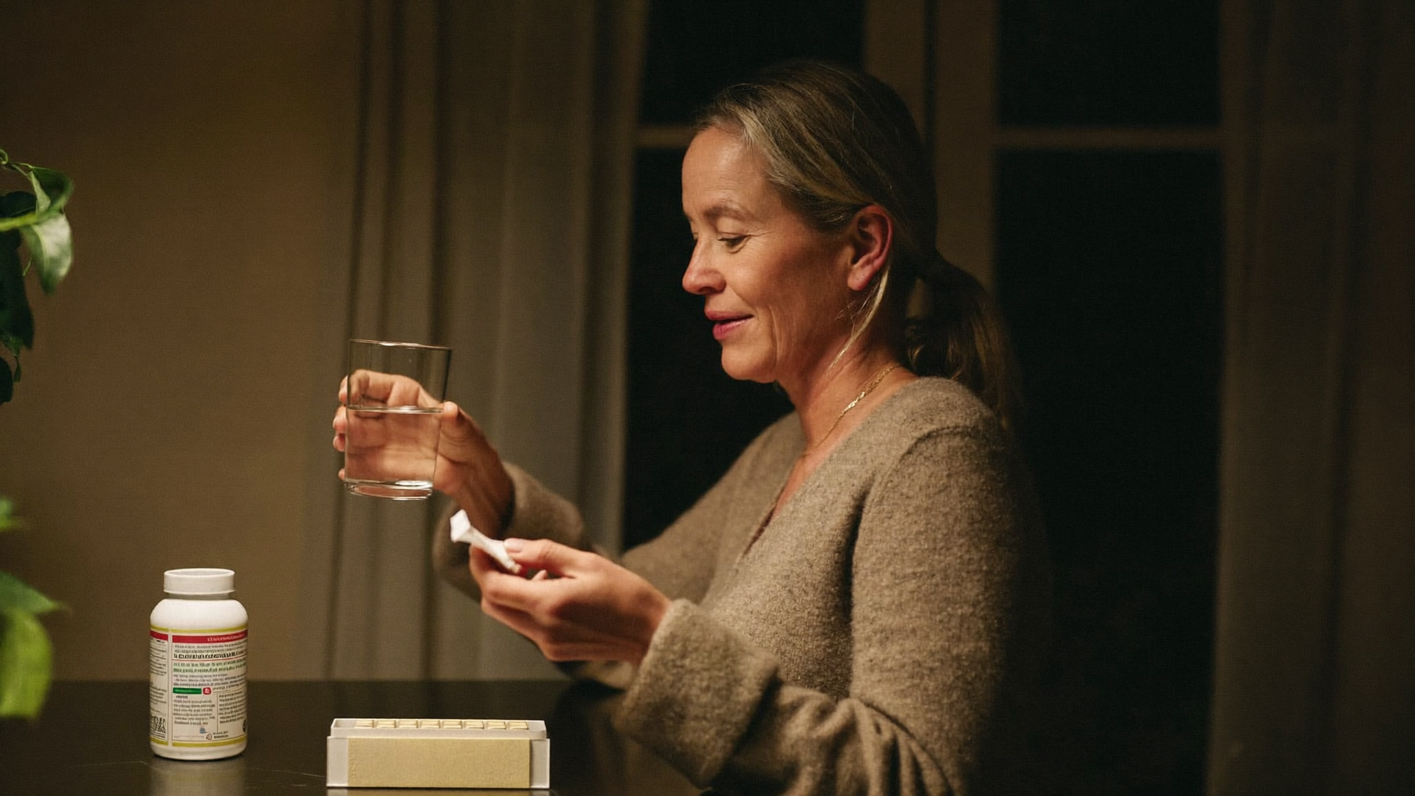 Woman in her forties standing at a kitchen counter in the evening considering a pill organizer and a glass of water