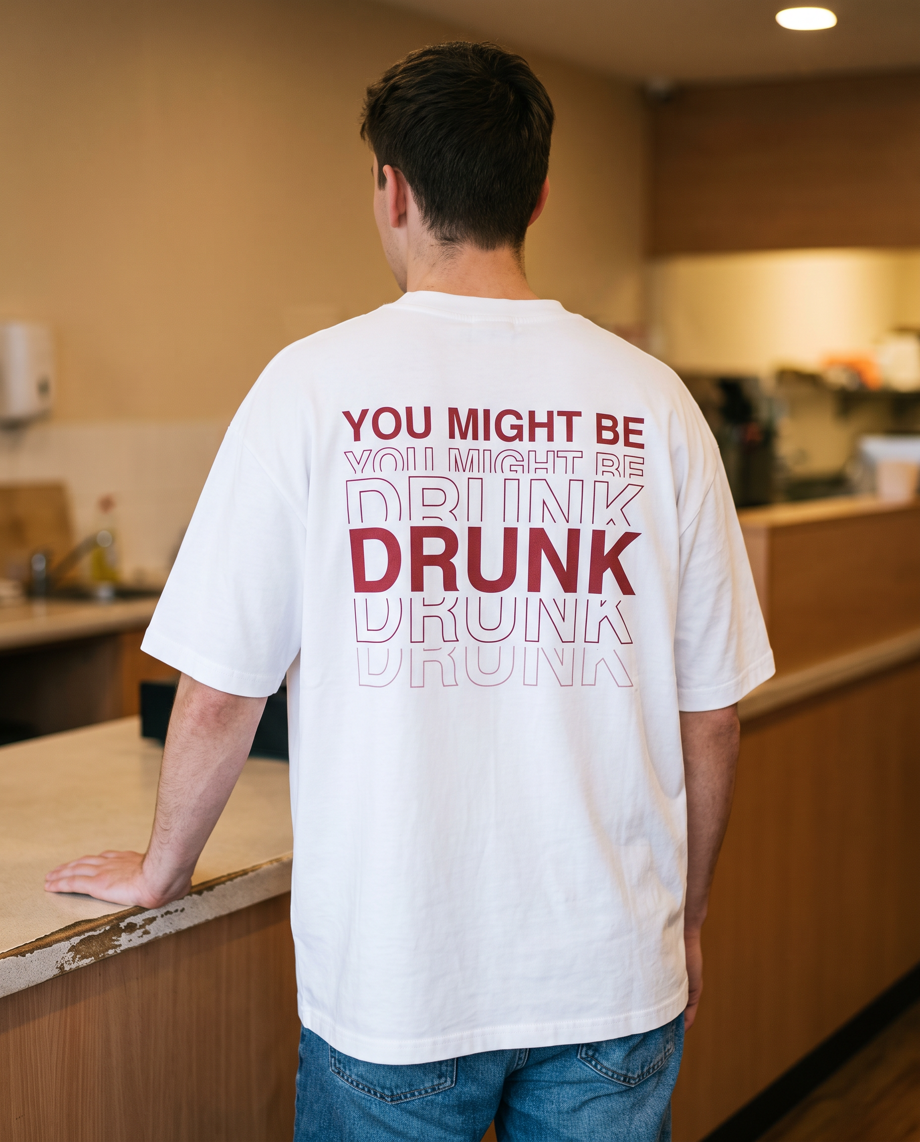 A white tee worn at a counter, the back print readable from behind