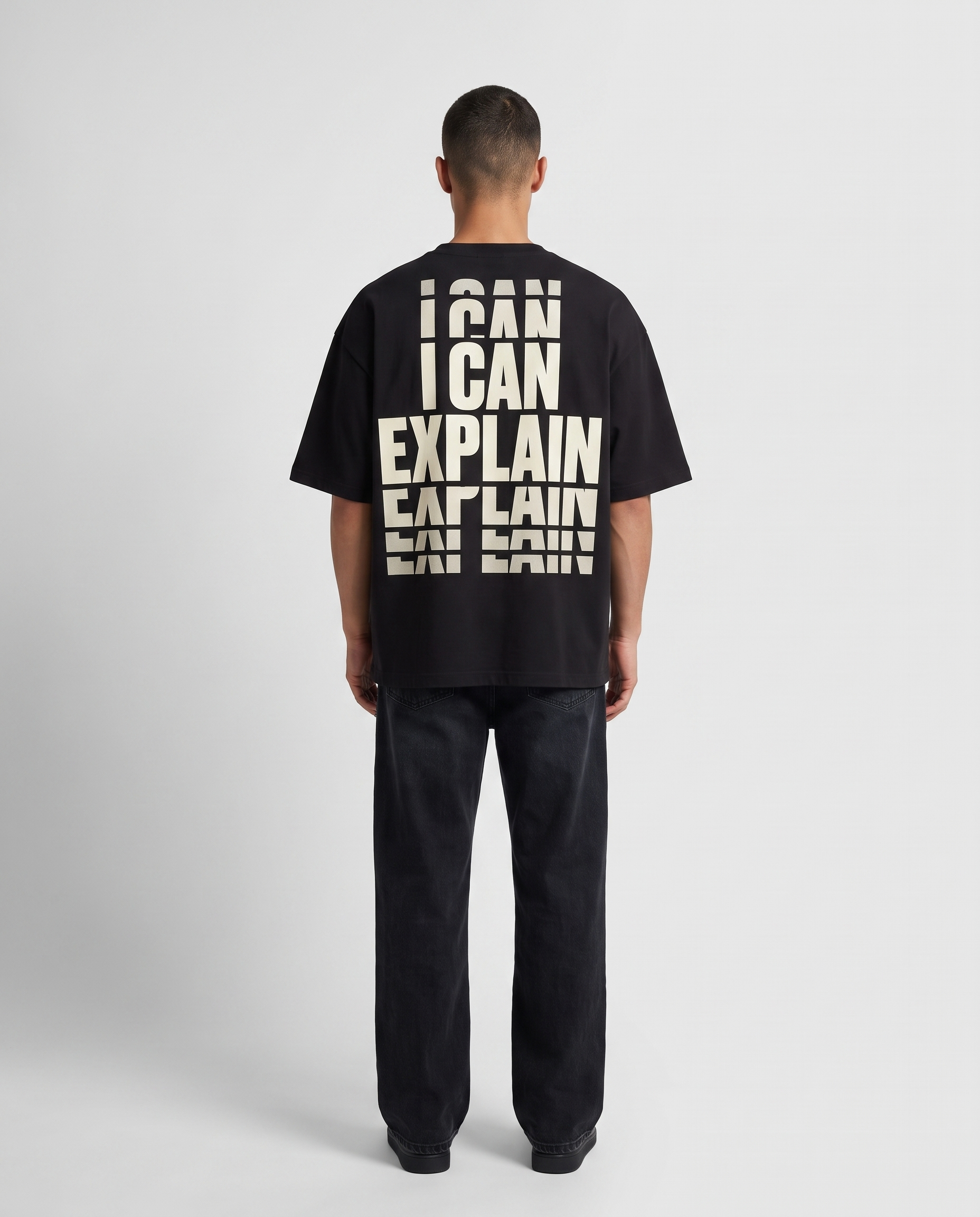 Black tee, back print reading I CAN EXPLAIN
