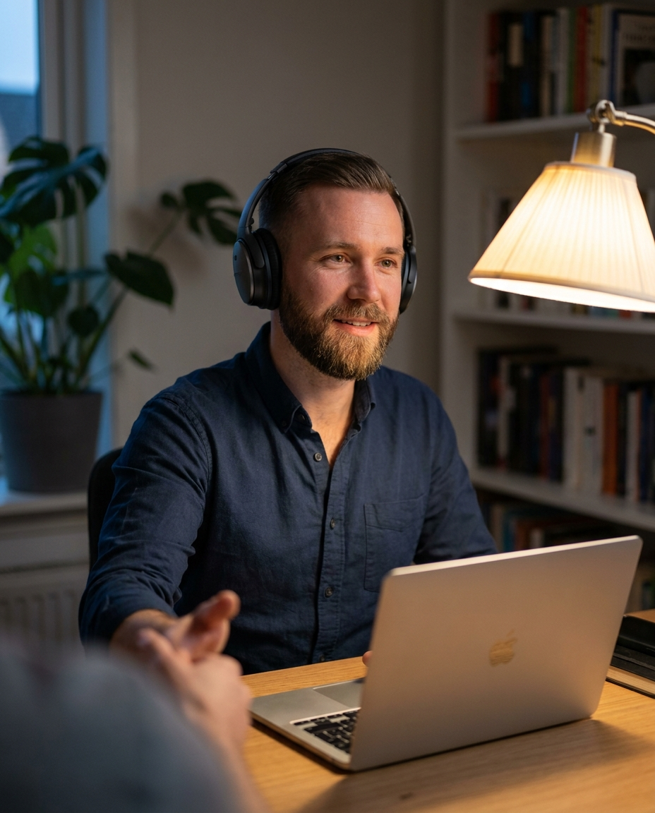 A closer taking a senior sales call from a home office