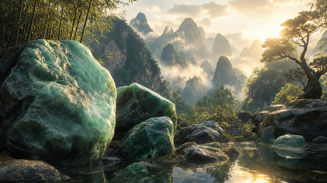 Jade boulders in misty mountain forest